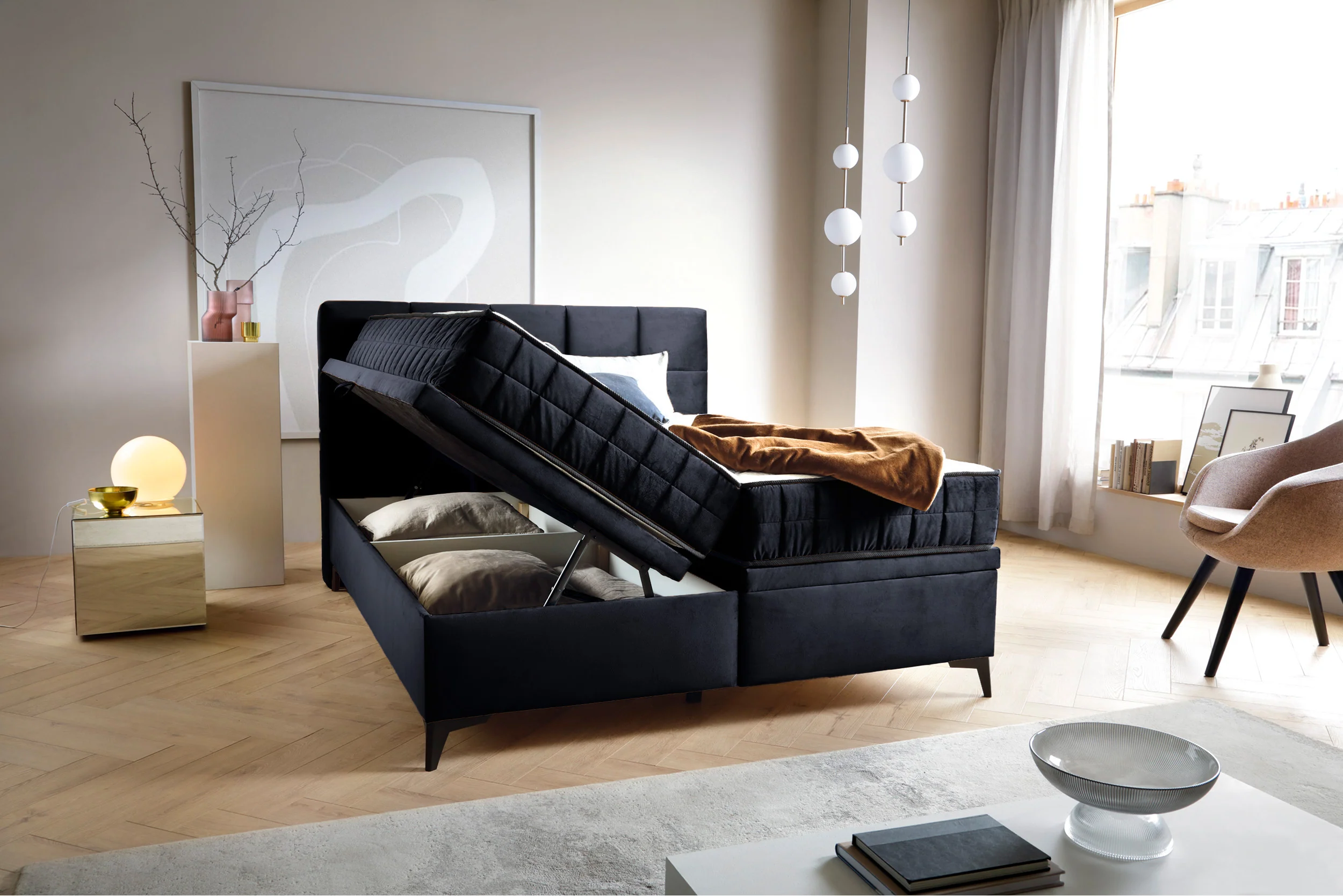 Łóżko kontynentalne 180x200 cm Beriano z pojemnikami i materacem granatowe welur - Image 4