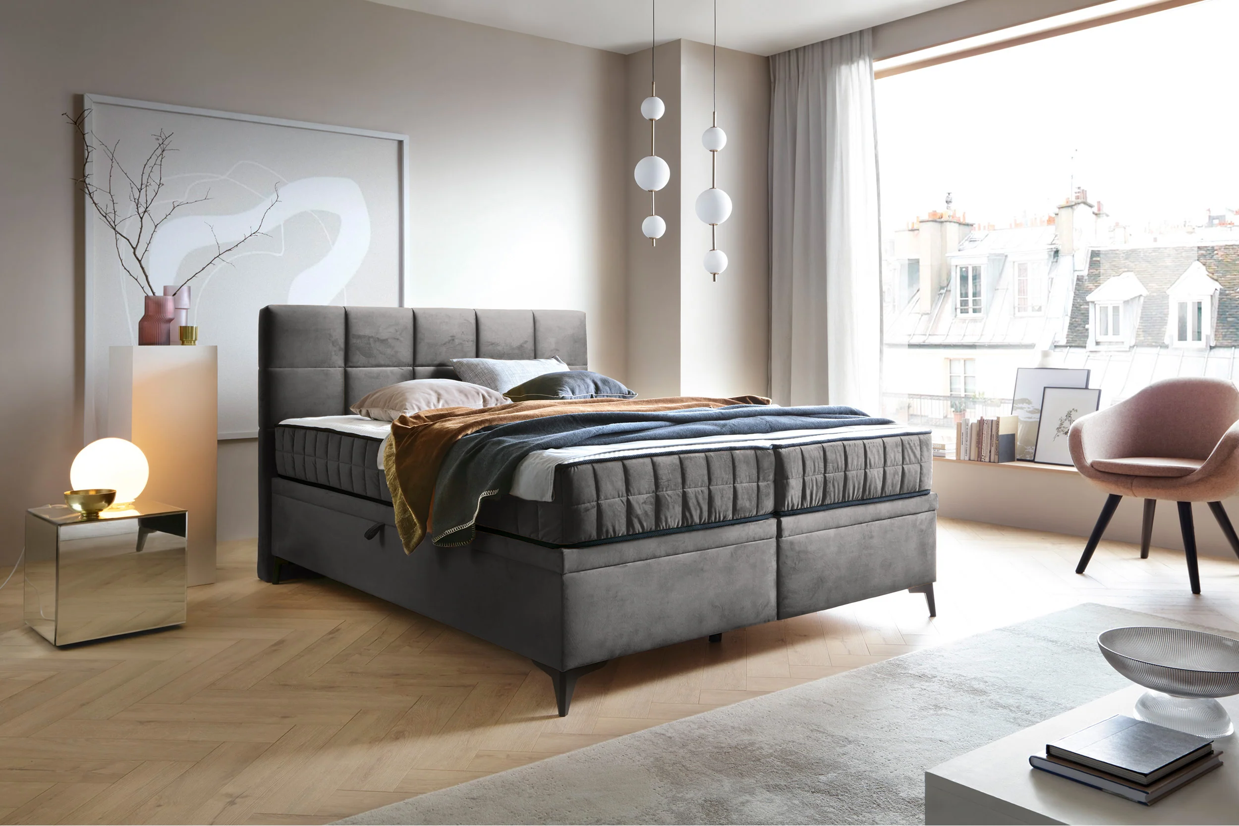Łóżko kontynentalne 180x200 cm Beriano z pojemnikami i materacem popielate welur - Image 2