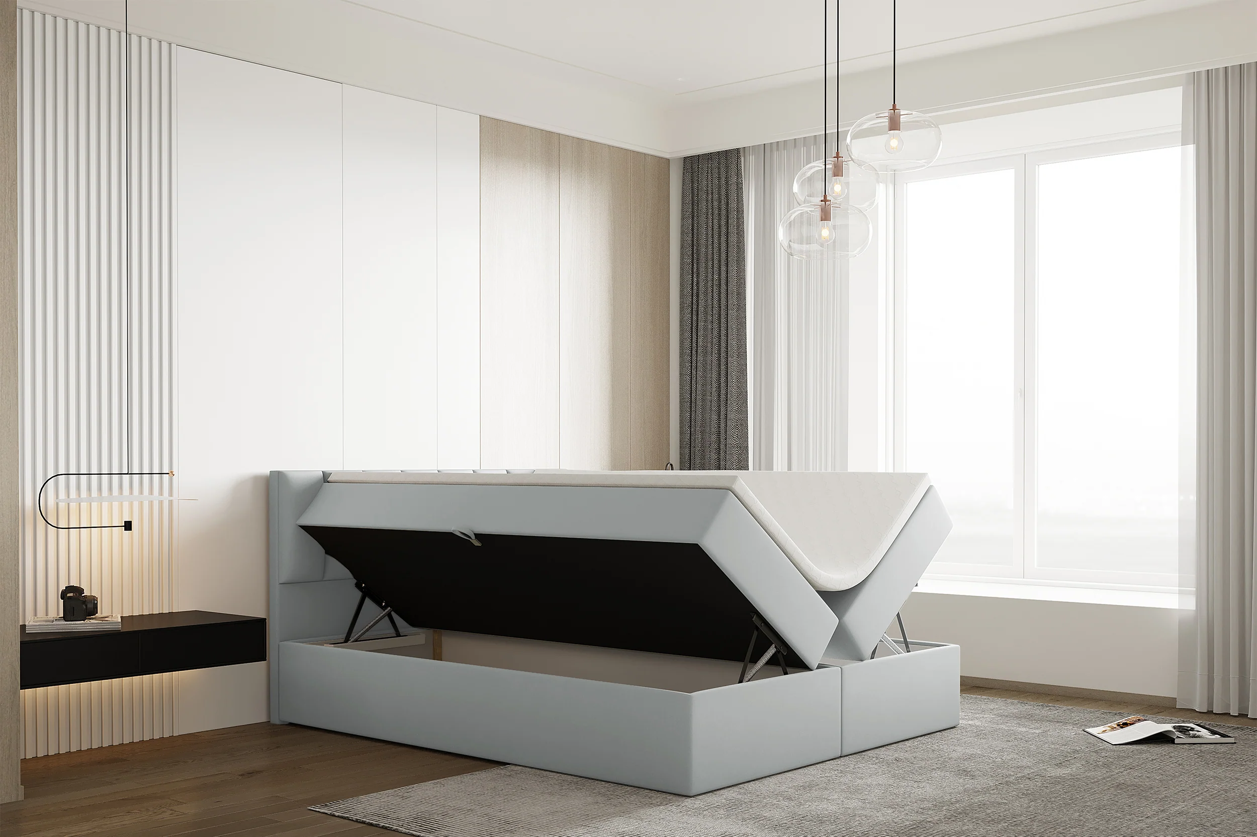 Łóżko kontynentalne 180x200 cm Carbini z pojemnikami  i materacem kieszeniowym jasnoszare welur hydrofobowy - Image 4