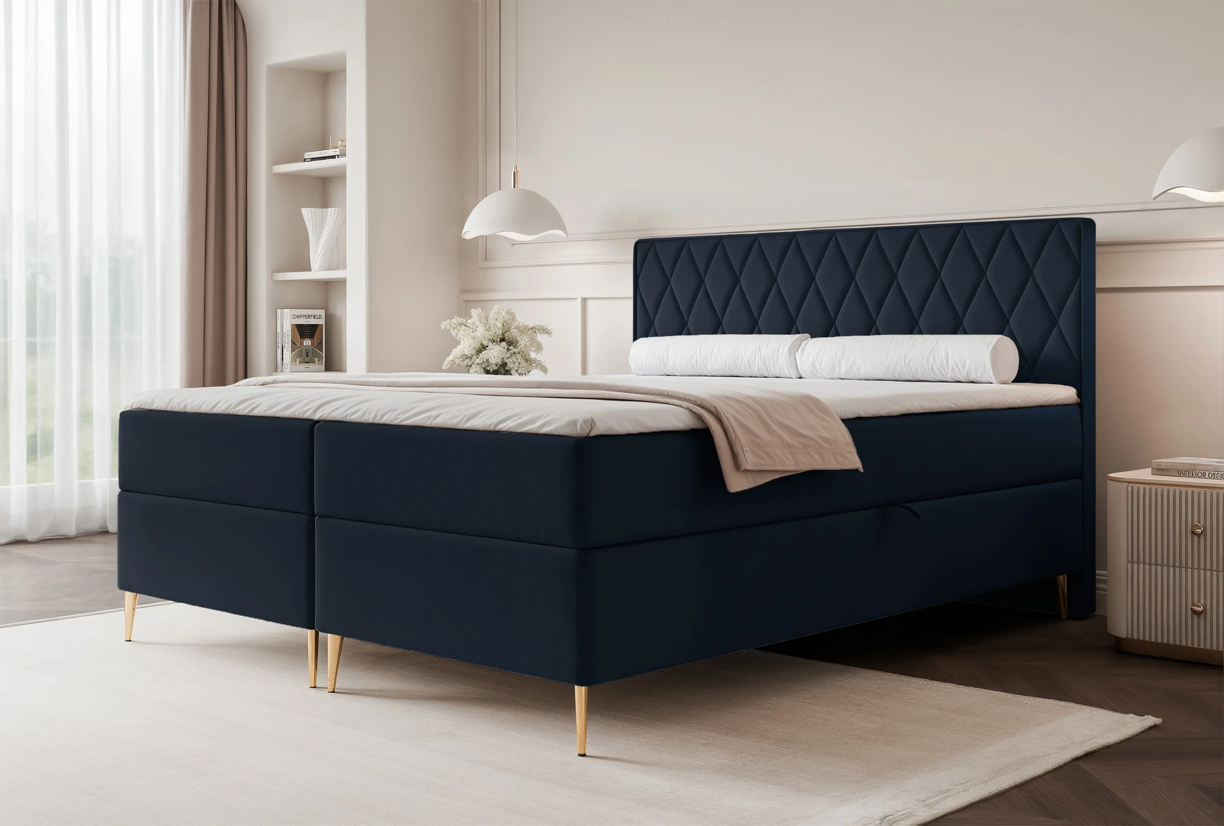 Łóżko kontynentalne 180x200 cm Caresso z materacem bonellowym i topperem granatowe welur hydrofobowy - Image 2