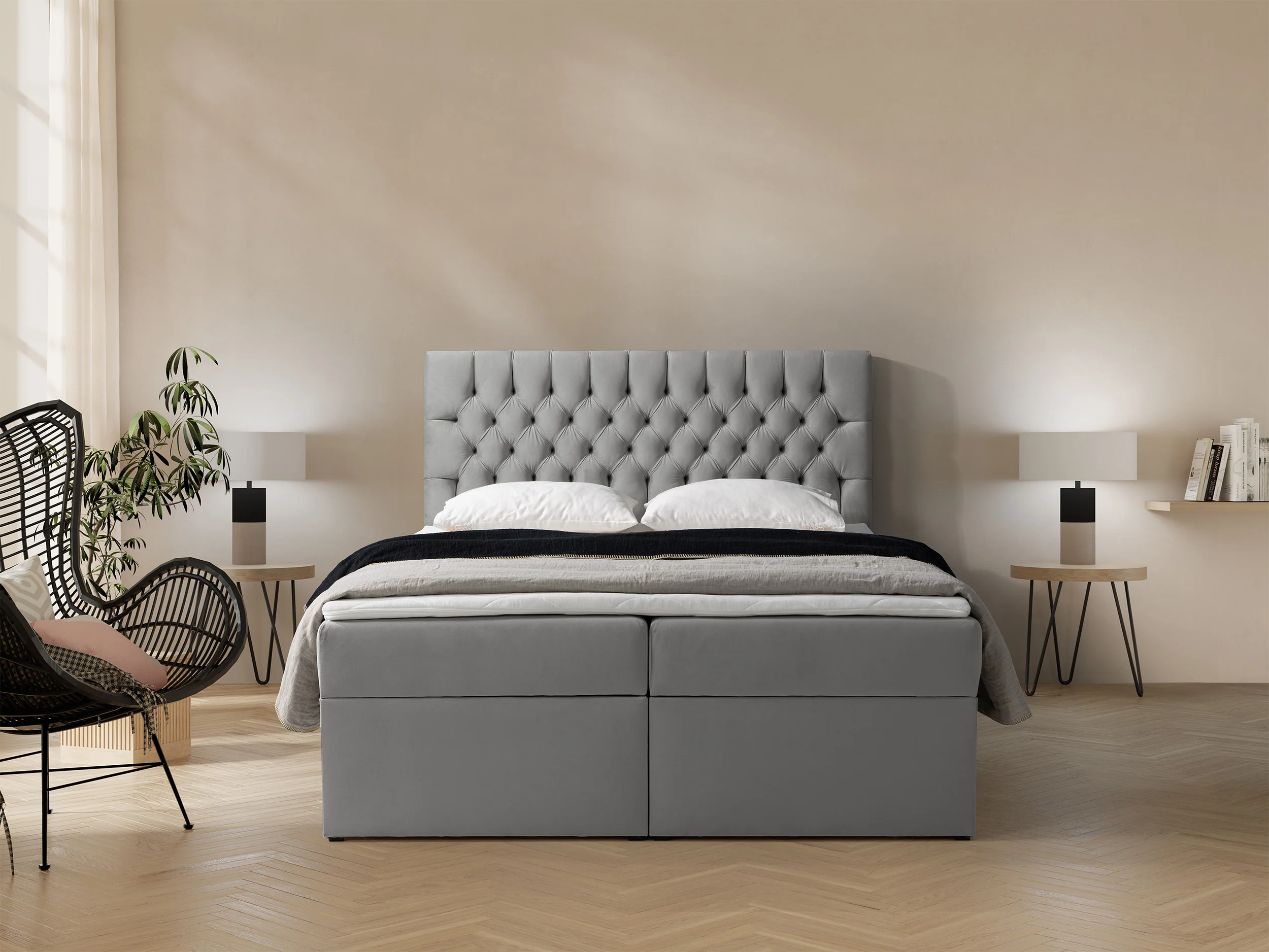 Łóżko kontynentalne 180x200 cm Daissy z pojemnikami i topperem szare welur - Image 2