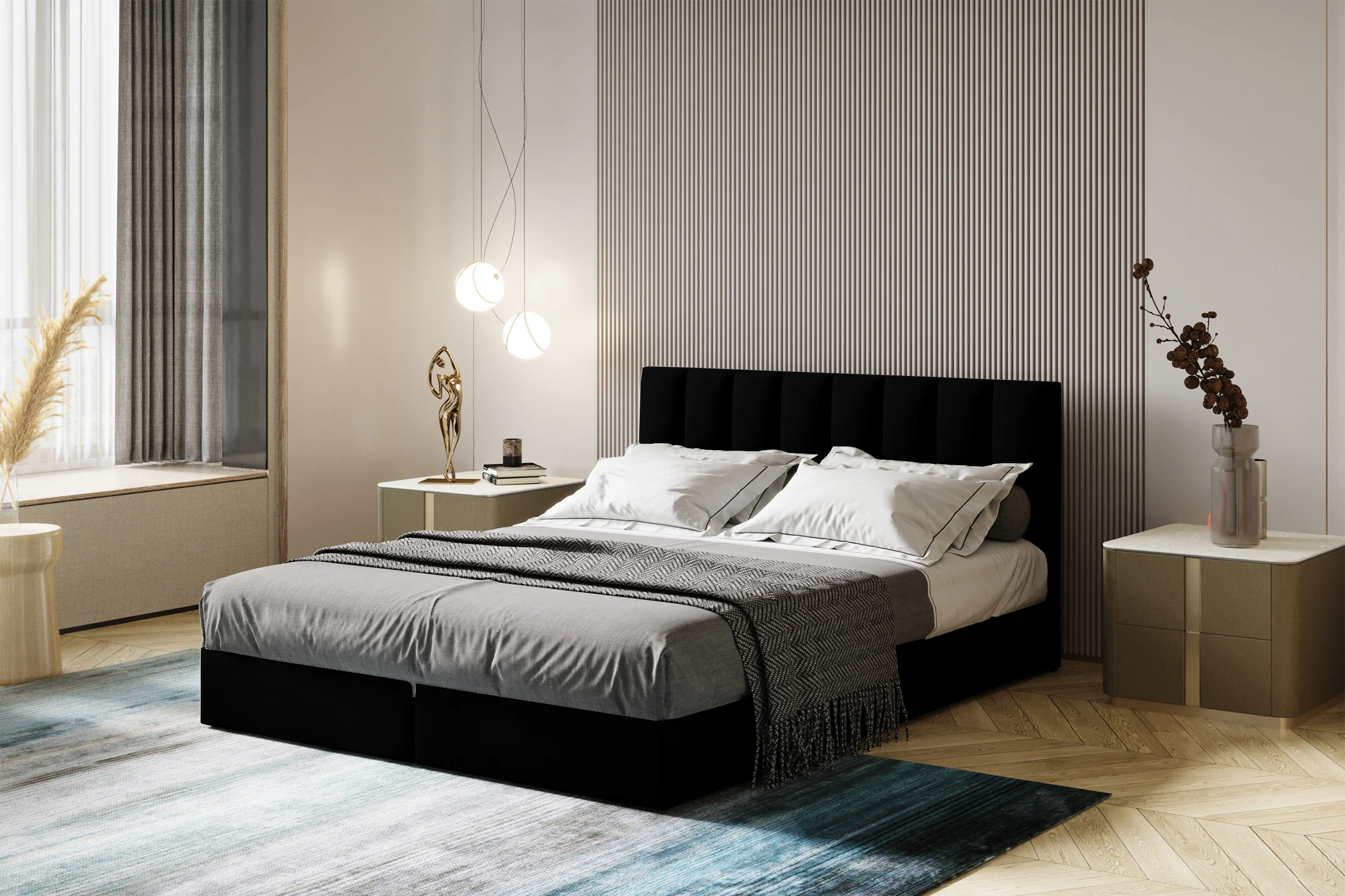 Łóżko kontynentalne 180x200 cm Dorsetto z pojemnikami i materacem bonellowym czarne welur hydrofobowy - Image 2