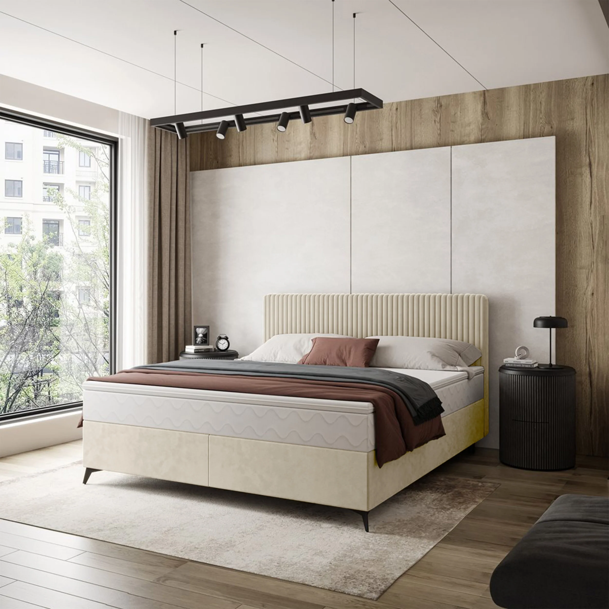 Łóżko kontynentalne 180x200 cm Falwo z pojemnikiem jasnobeżowe gruby sztruks - Image 2