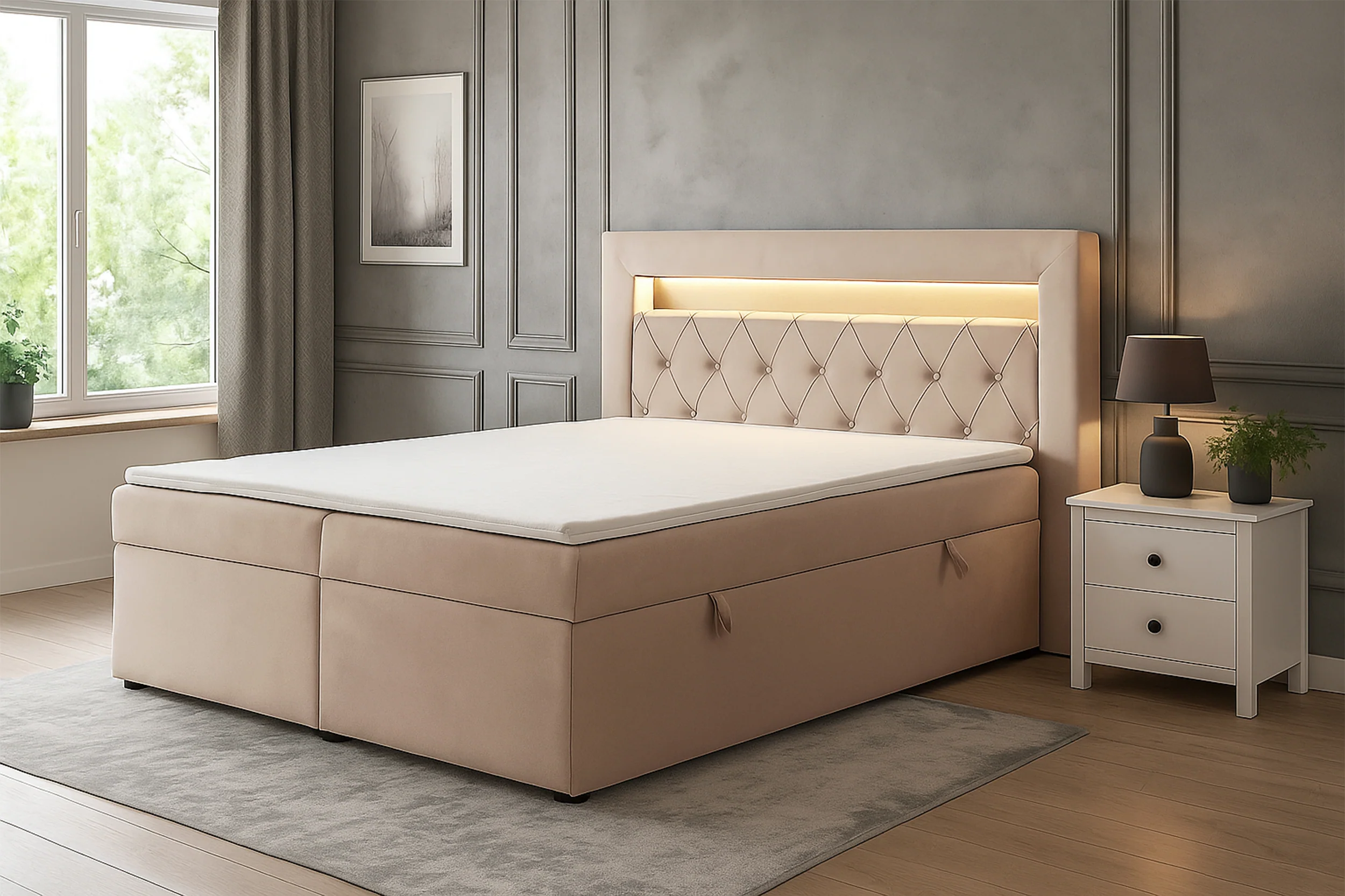 Łóżko kontynentalne 180x200 cm Goldess z pojemnikami i oświetleniem LED beżowe welwet - Image 2