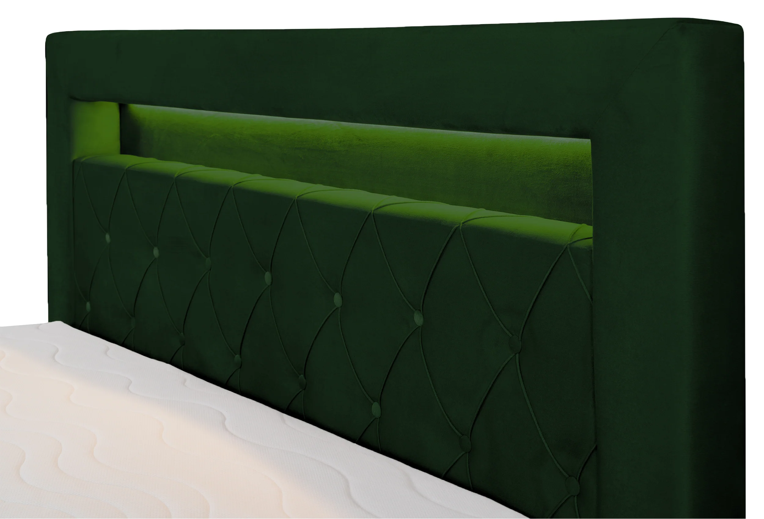 Łóżko kontynentalne 180x200 cm Goldess z pojemnikami i oświetleniem LED butelkowa zieleń welwet - Image 4