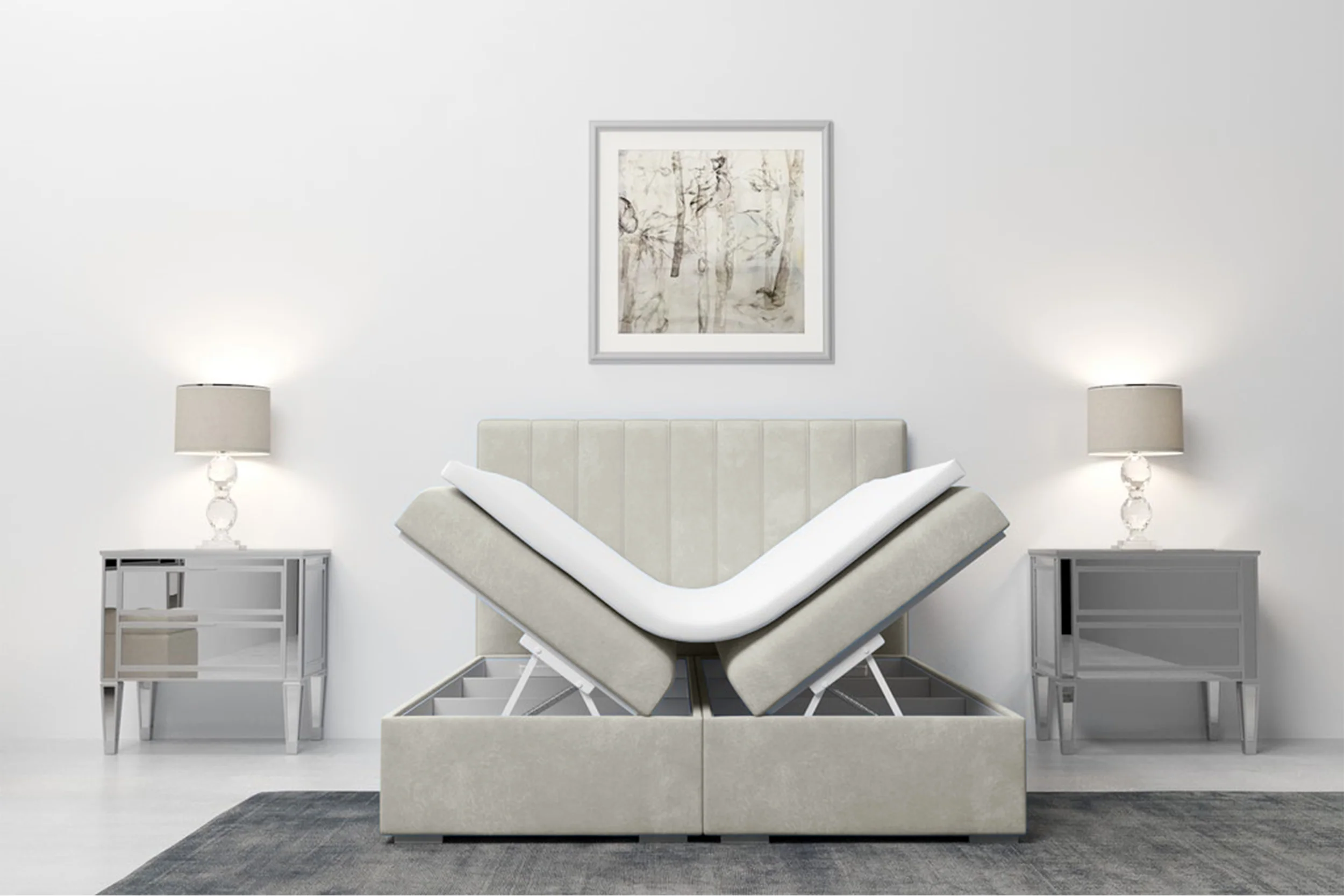 Łóżko kontynentalne 180x200 cm Hunbert z pojemnikami i topperem jasnobeżowe welur hydrofobowy - Image 5
