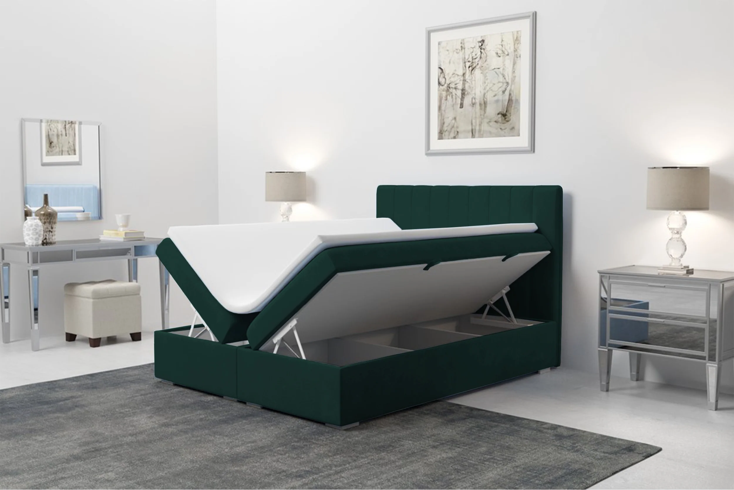 Łóżko kontynentalne 180x200 cm Hunbert z pojemnikami i topperem zielone welur hydrofobowy - Image 4