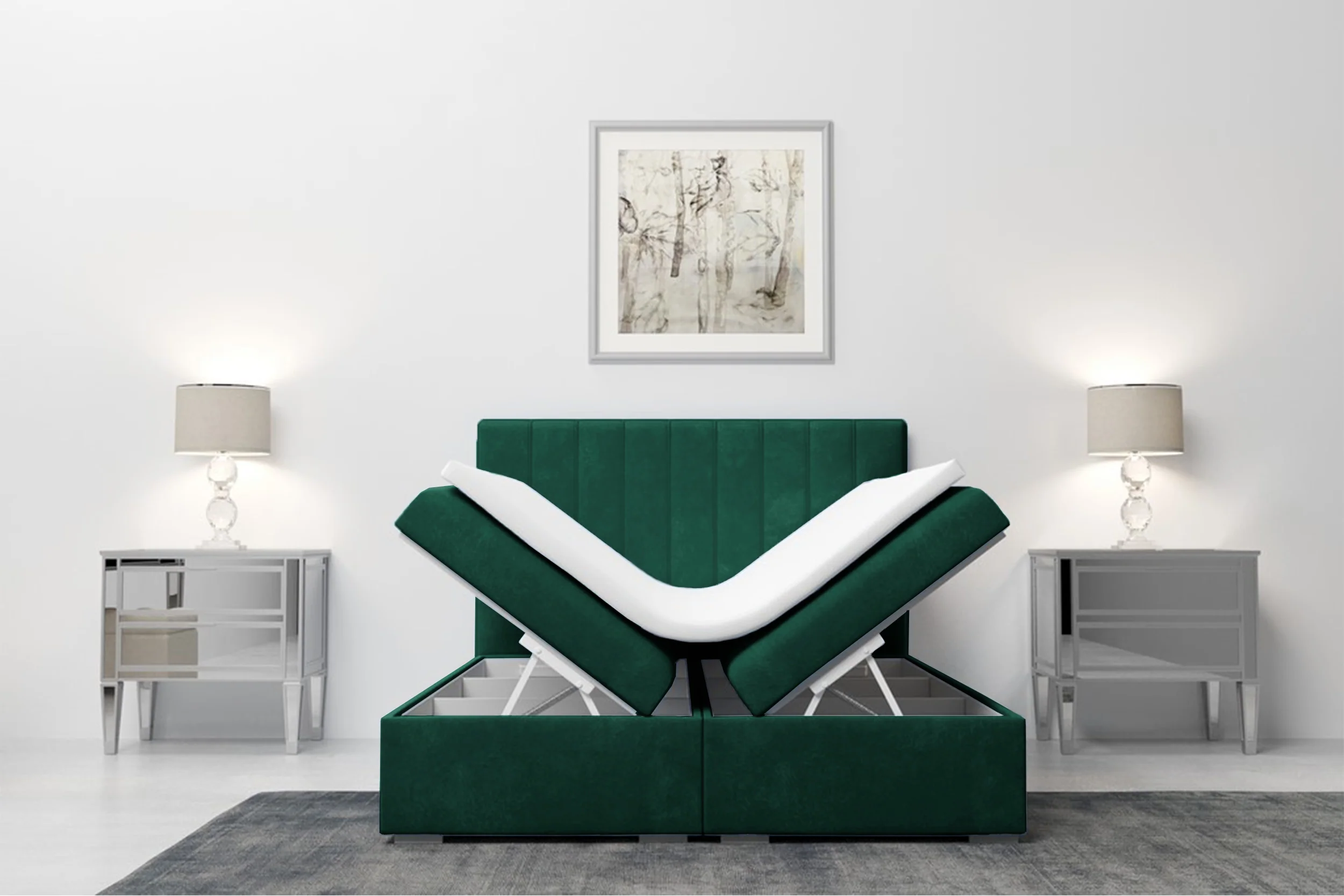 Łóżko kontynentalne 180x200 cm Hunbert z pojemnikami i topperem zielone welur hydrofobowy - Image 5