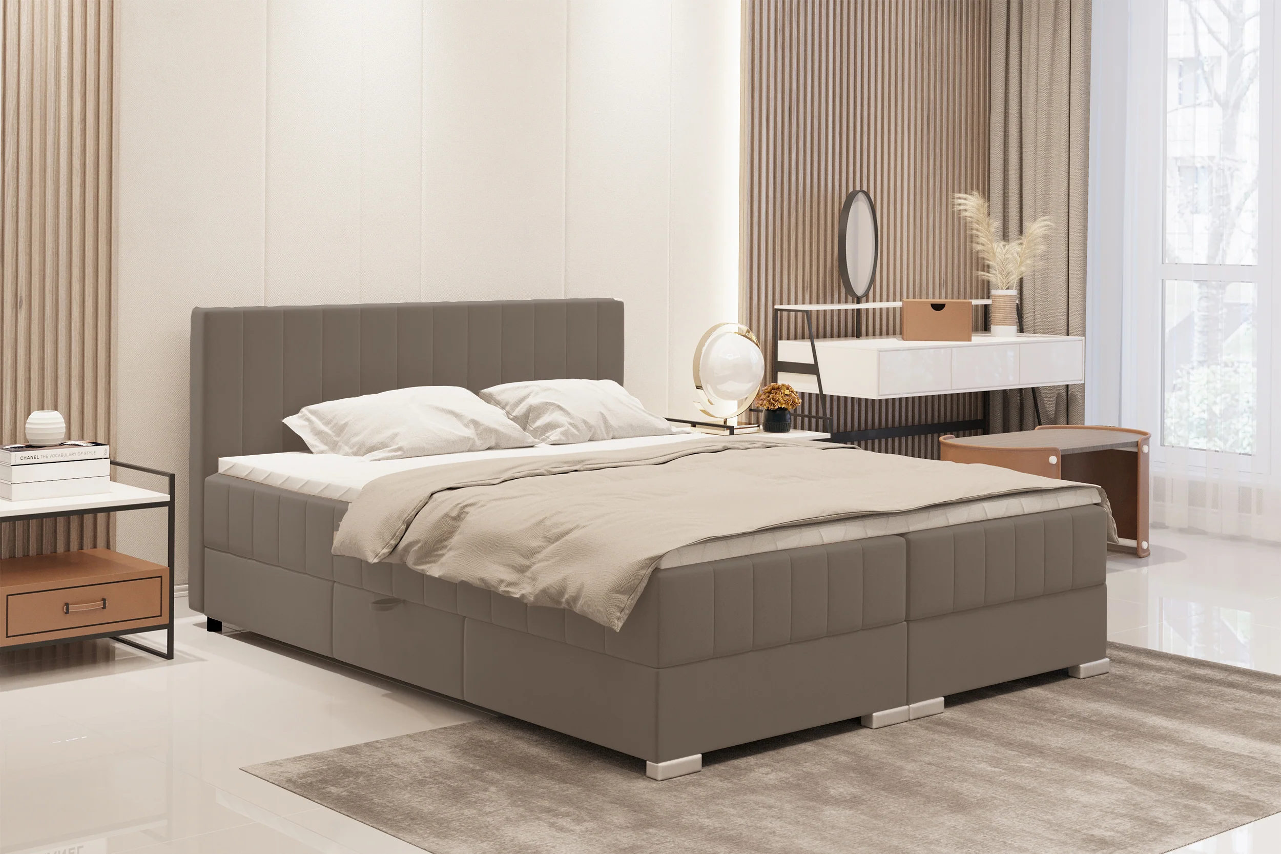 Łóżko kontynentalne 180x200 cm Libbiano z pojemnikami i topperem szarobeżowe - Image 2