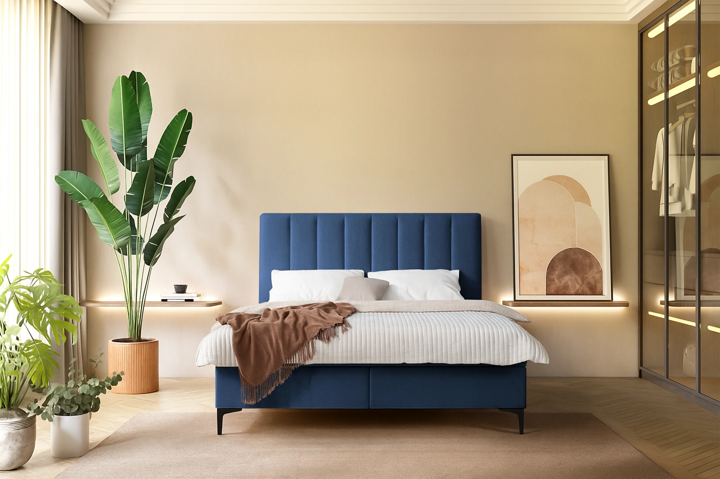 Łóżko kontynentalne 180x200 cm Lorentes z pojemnikiem i topperem granatowe plecionka - Image 2