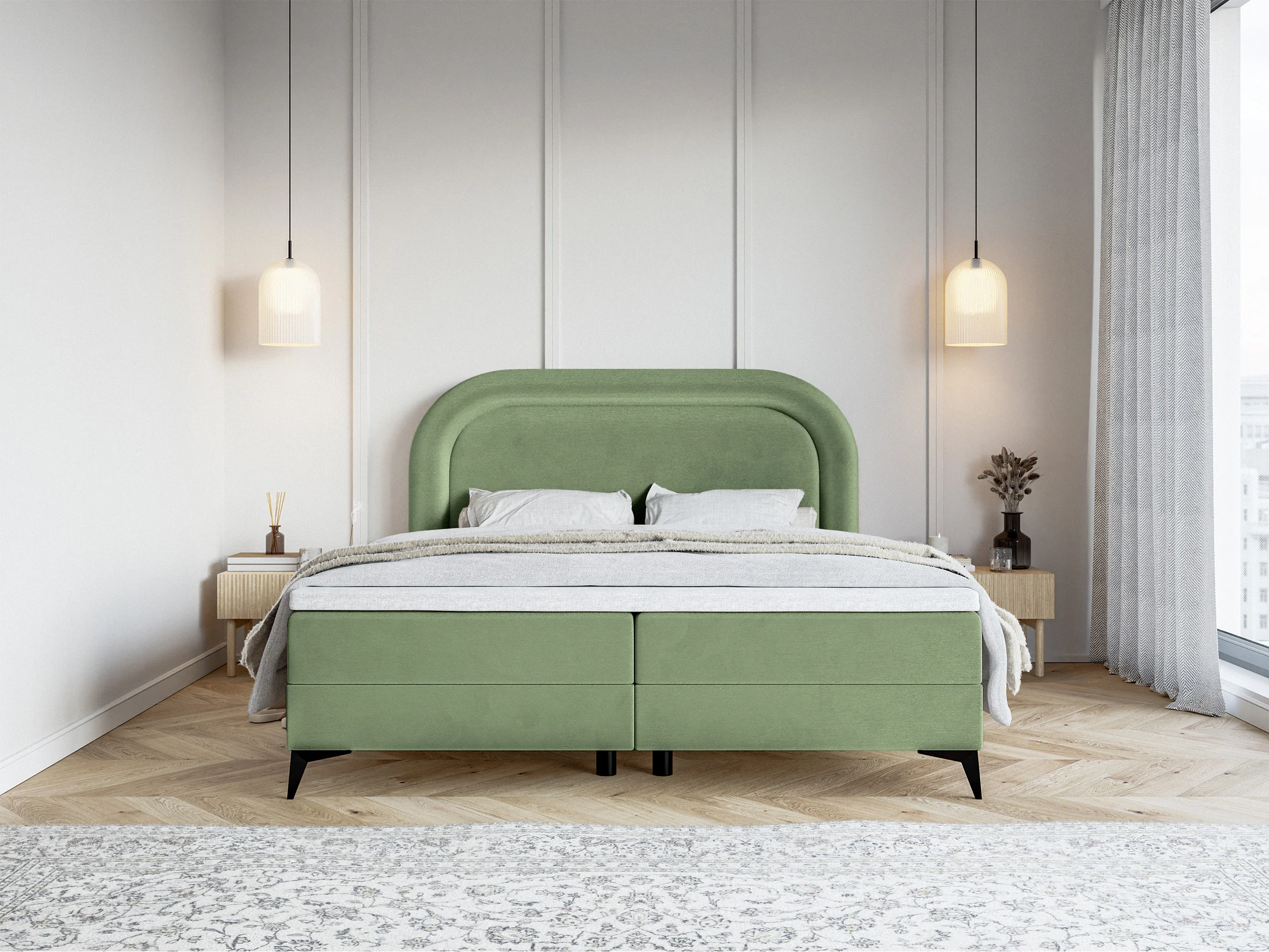 Łóżko kontynentalne 180x200 cm Loreo z topperem i pojemnikami eukaliptusowe welur hydrofobowy - Image 3