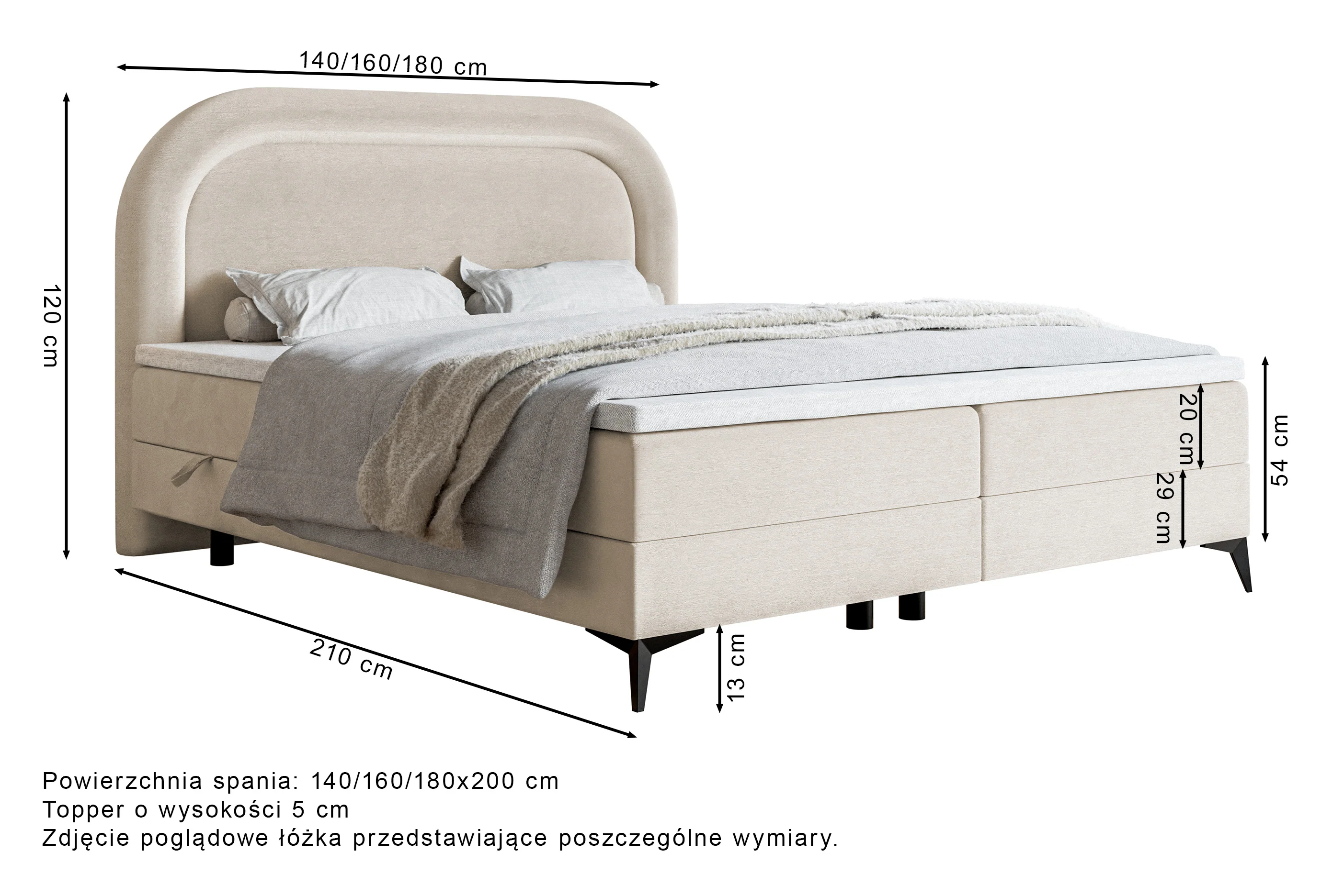 Łóżko kontynentalne 180x200 cm Loreo z topperem i pojemnikami granatowe welur hydrofobowy - Image 6