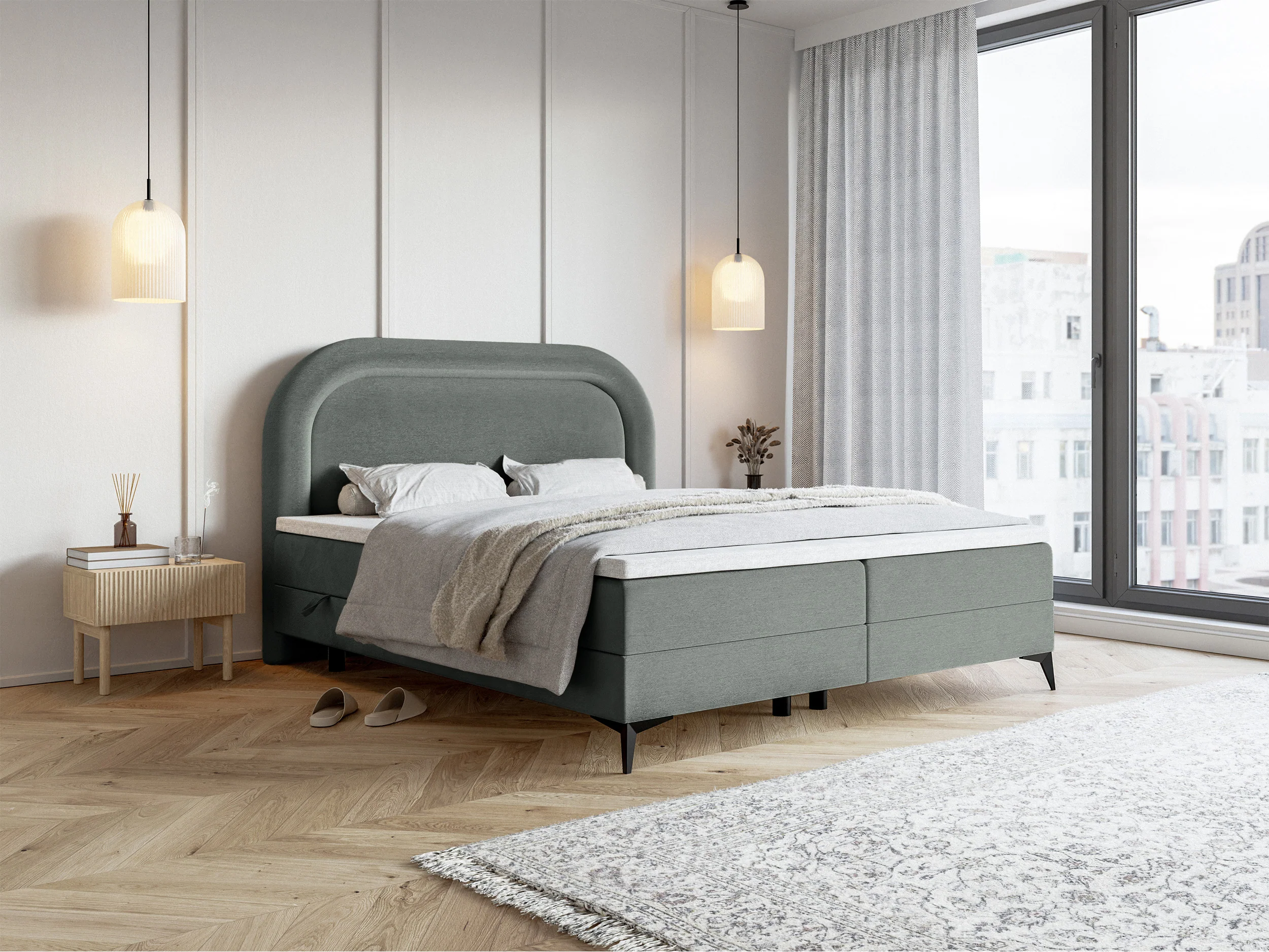Łóżko kontynentalne 180x200 cm Loreo z topperem i pojemnikami szare welur hydrofobowy - Image 2