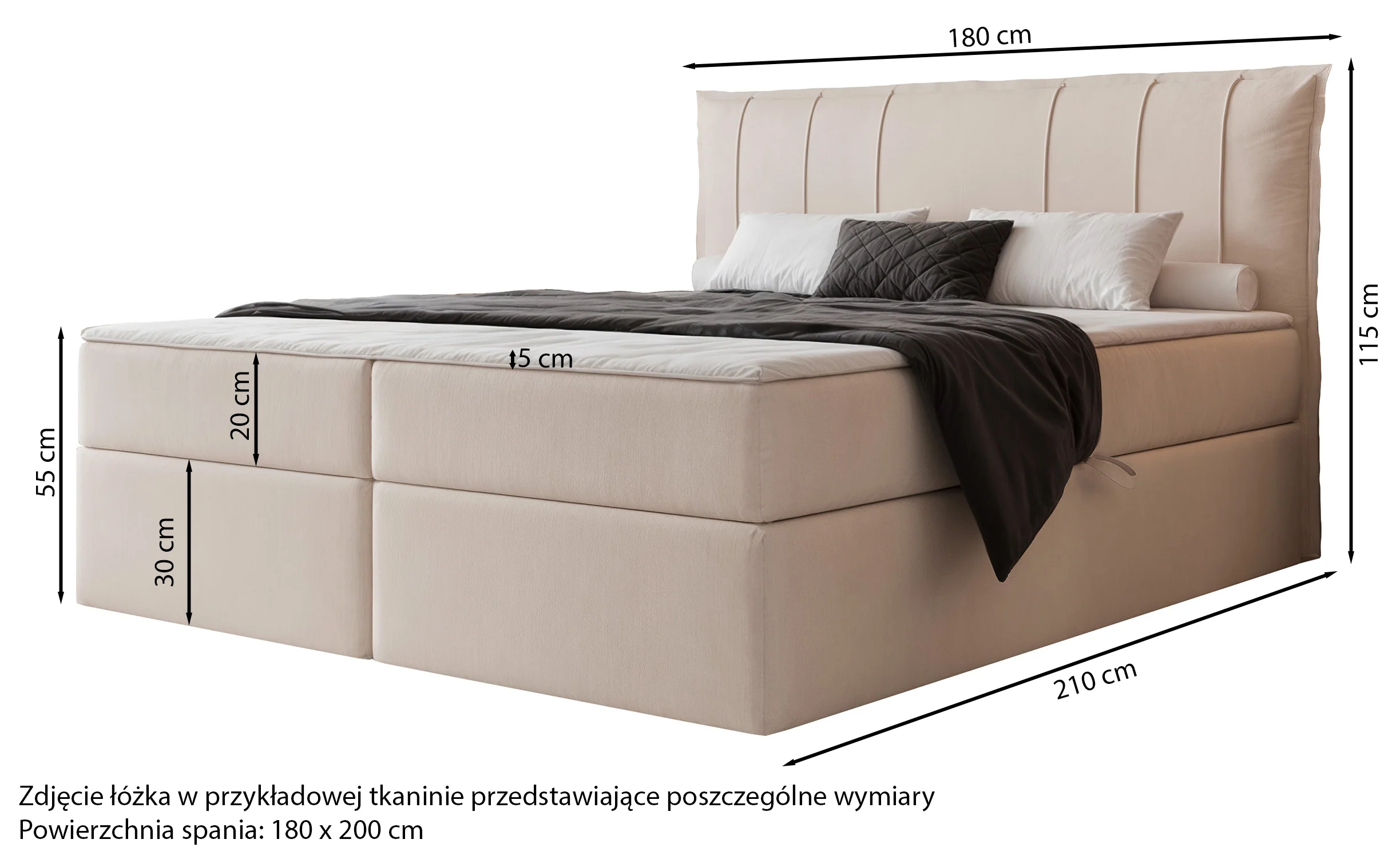 Łóżko kontynentalne 180x200 cm Moly z materacem bonellowym i topperem szare welur hydrofobowy - Image 4