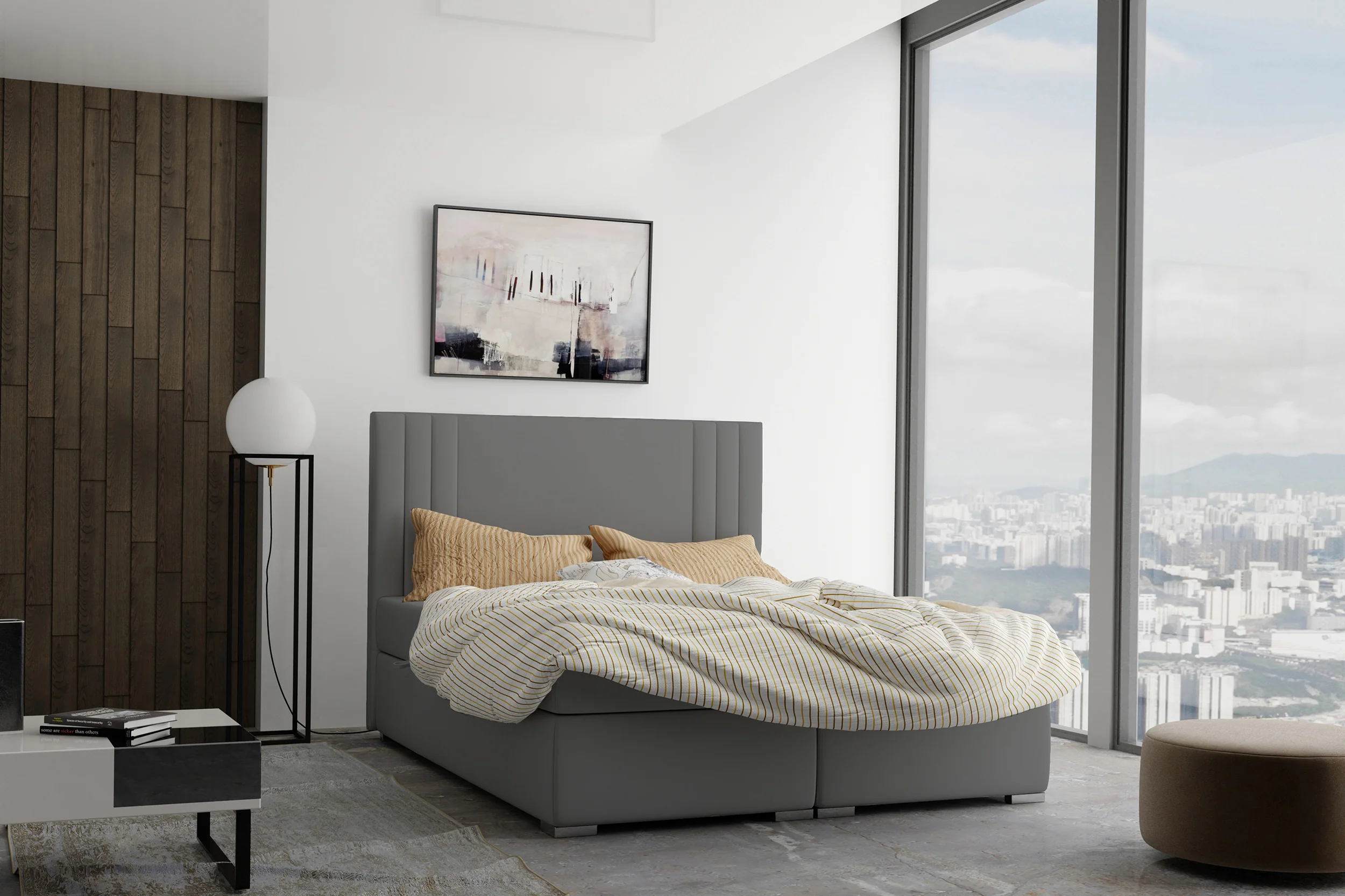 Łóżko kontynentalne 180x200 cm Monder z pojemnikami i topperem szare welur hydrofobowy - Image 4