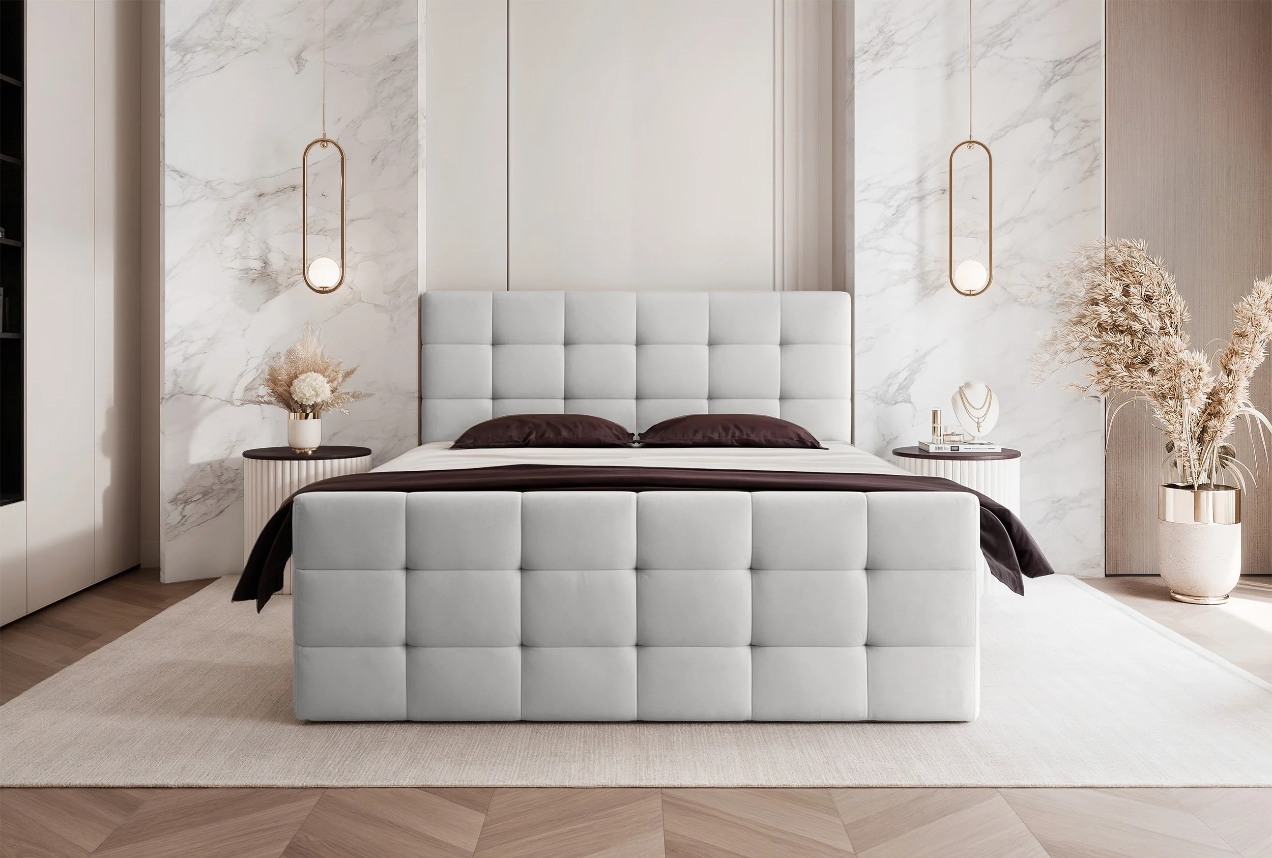 Łóżko kontynentalne 180x200 cm Padwa z pojemnikami i topperem jasnoszare welur - Image 2