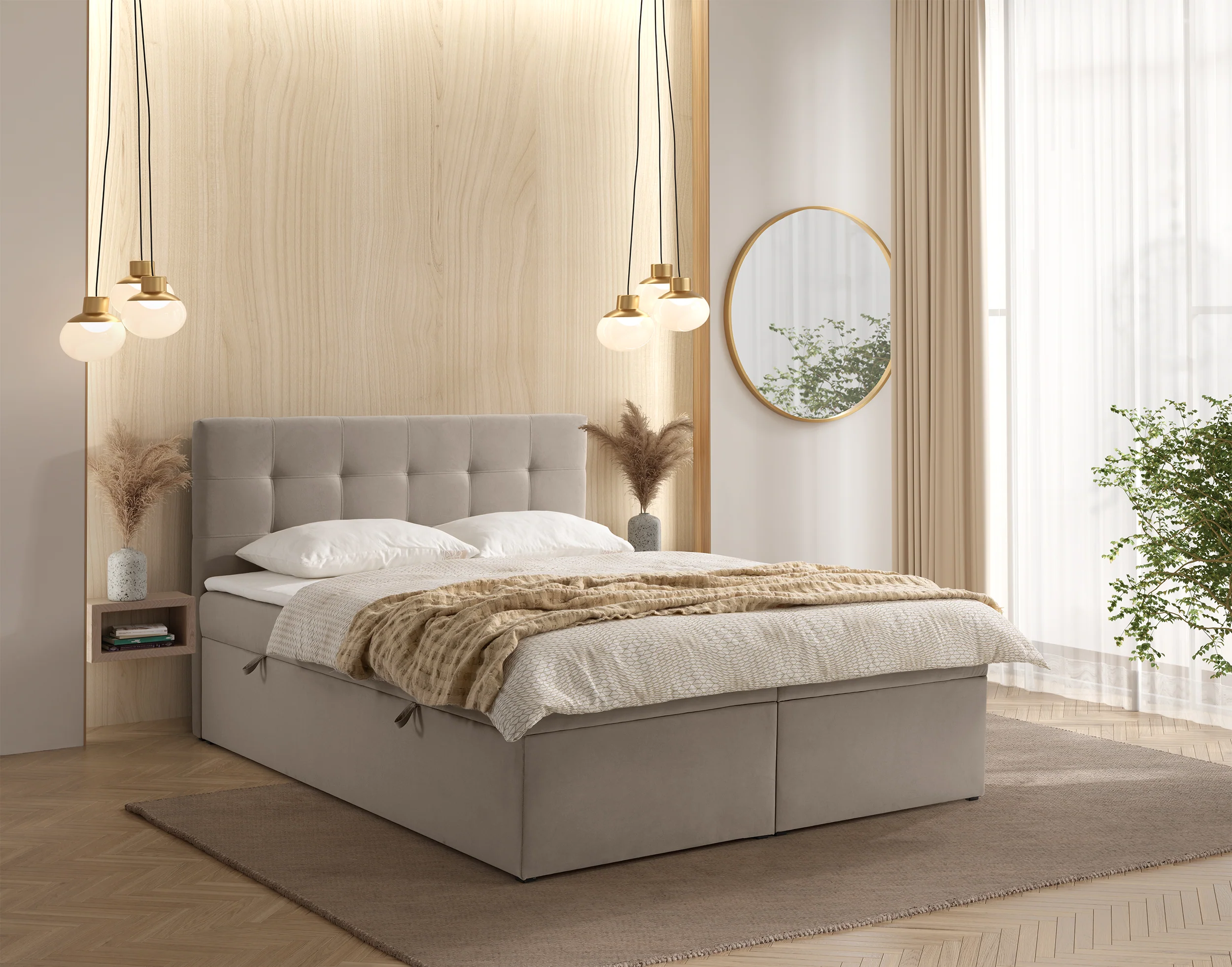 Łóżko kontynentalne 180x200 cm Ronneo z pojemnikami i topperem szarobeżowe welur - Image 2
