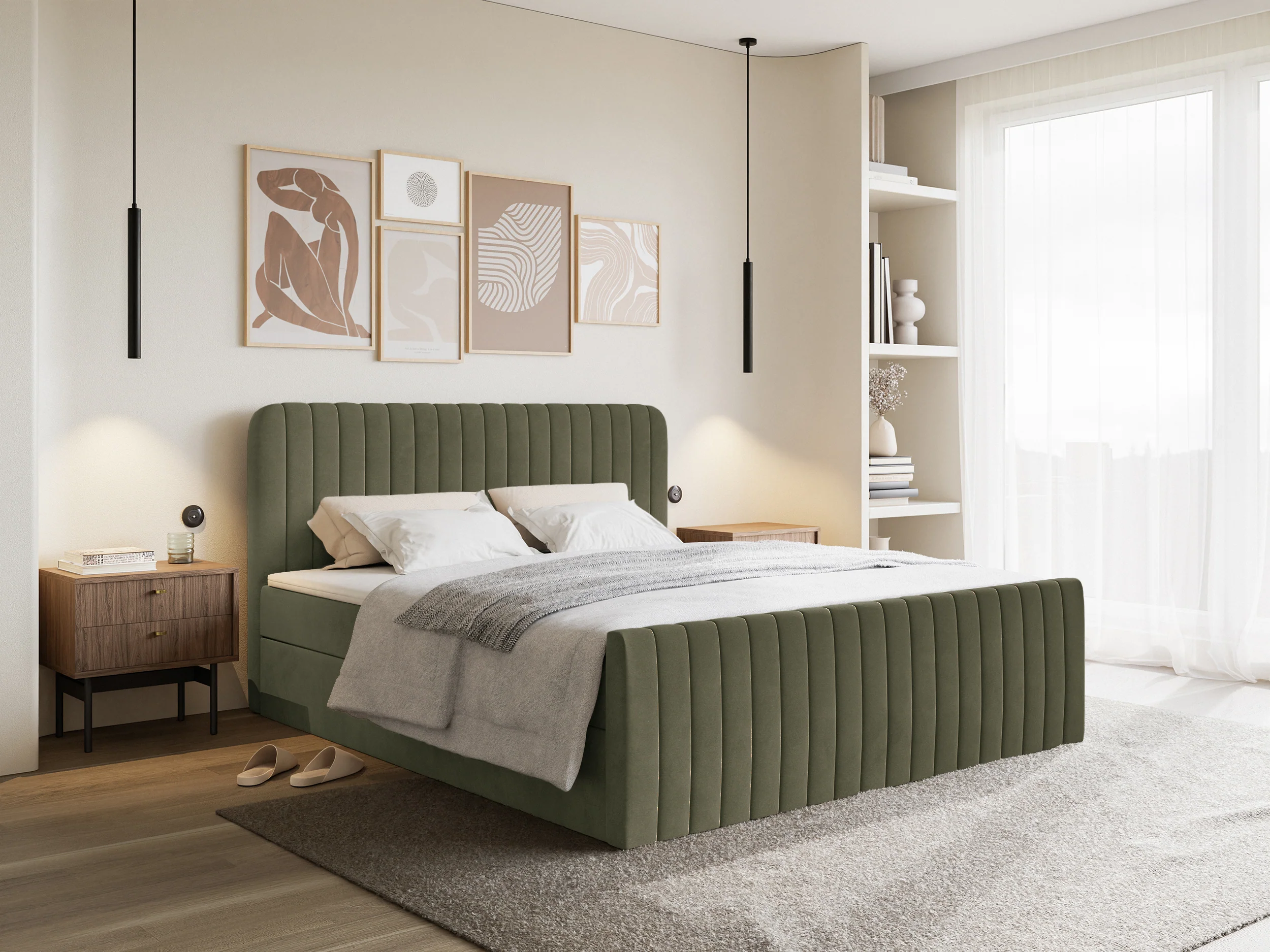 Łóżko kontynentalne 180x200 cm Saliano z pojemnikami i topperem oliwkowe welur - Image 2
