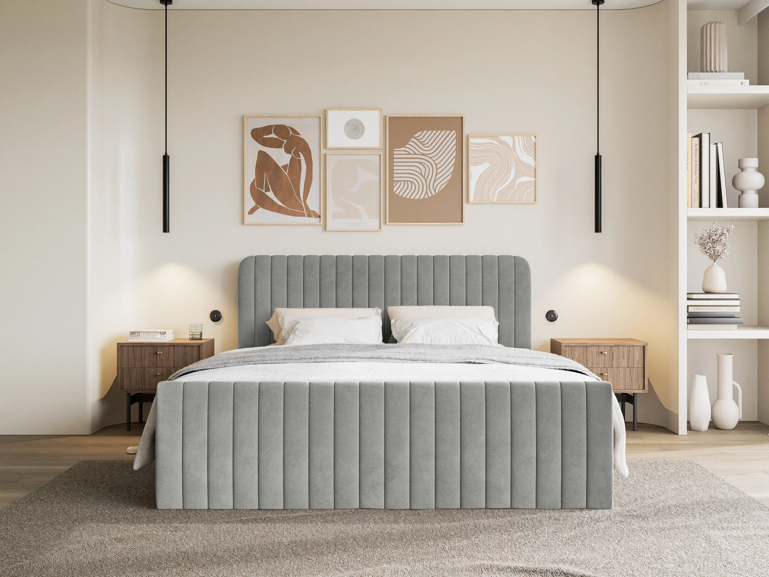 Łóżko kontynentalne 180x200 cm Saliano z pojemnikami i topperem szare welur - Image 4