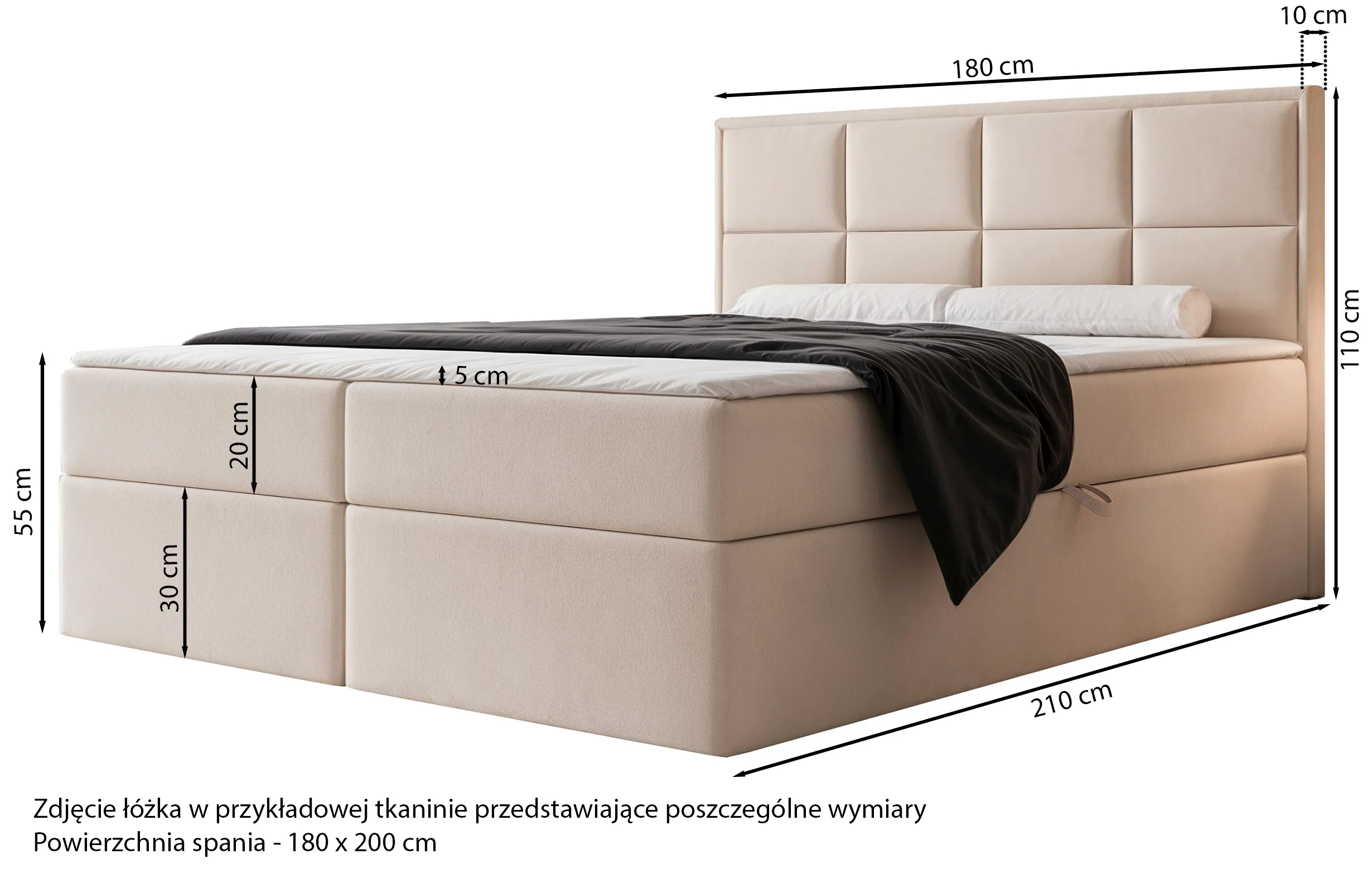 Łóżko kontynentalne 180x200 cm Silensio z materacem bonellowym i topperem szare welur hydrofobowy - Image 4