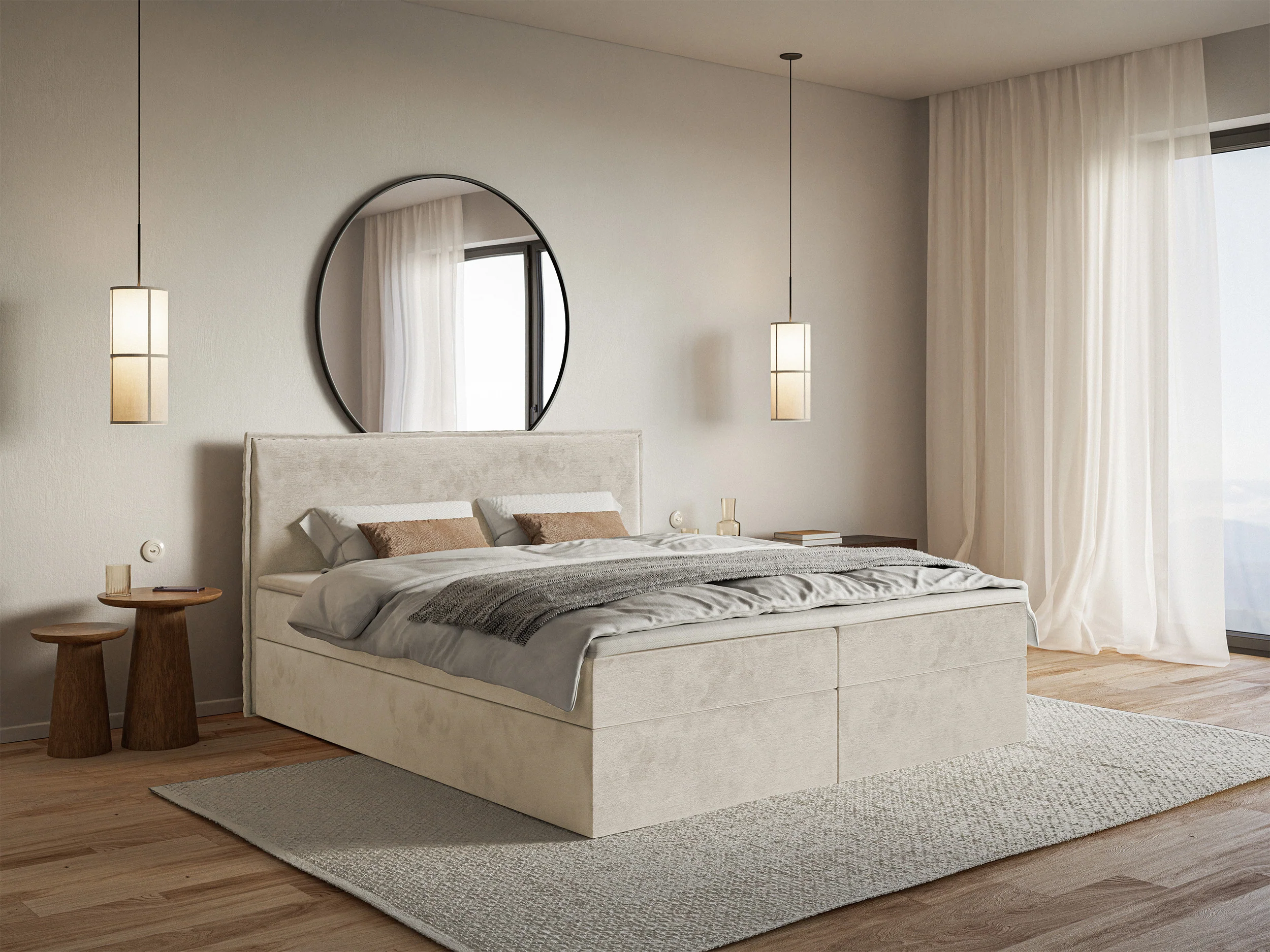 Łóżko kontynentalne 180x200 cm Softie z pojemnikami i topperem beżowe welur hydrofobowy - Image 2