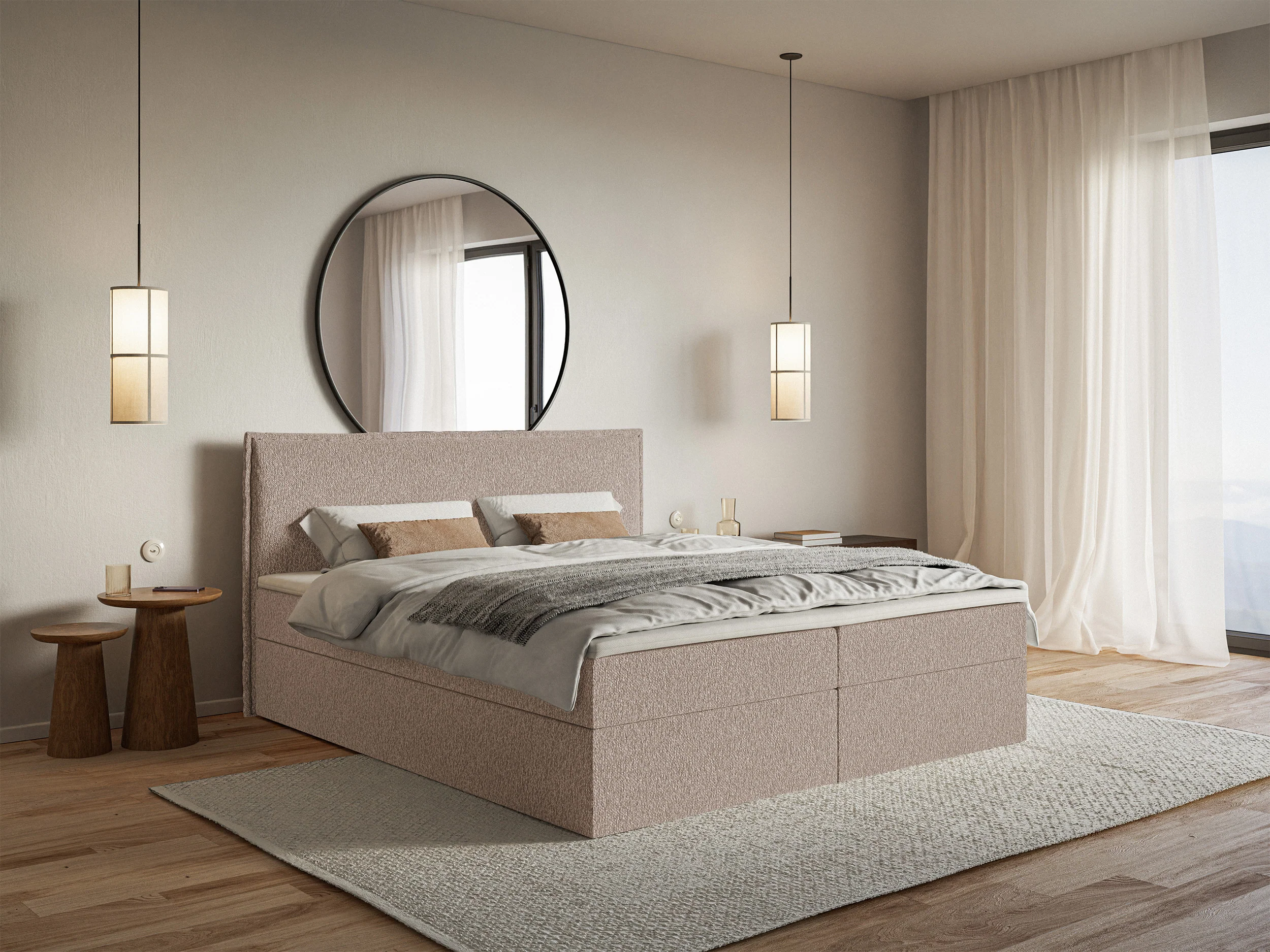 Łóżko kontynentalne 180x200 cm Softie z pojemnikami i topperem ciemnobeżowe szenil - Image 2