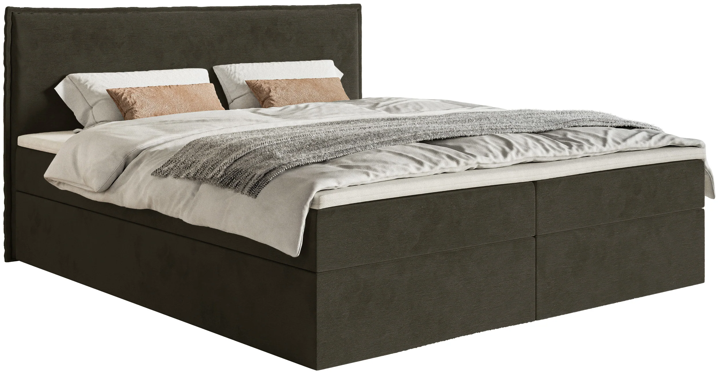 Łóżko kontynentalne 180x200 cm Softie z pojemnikami i topperem ciemnozielone welur hydrofobowy