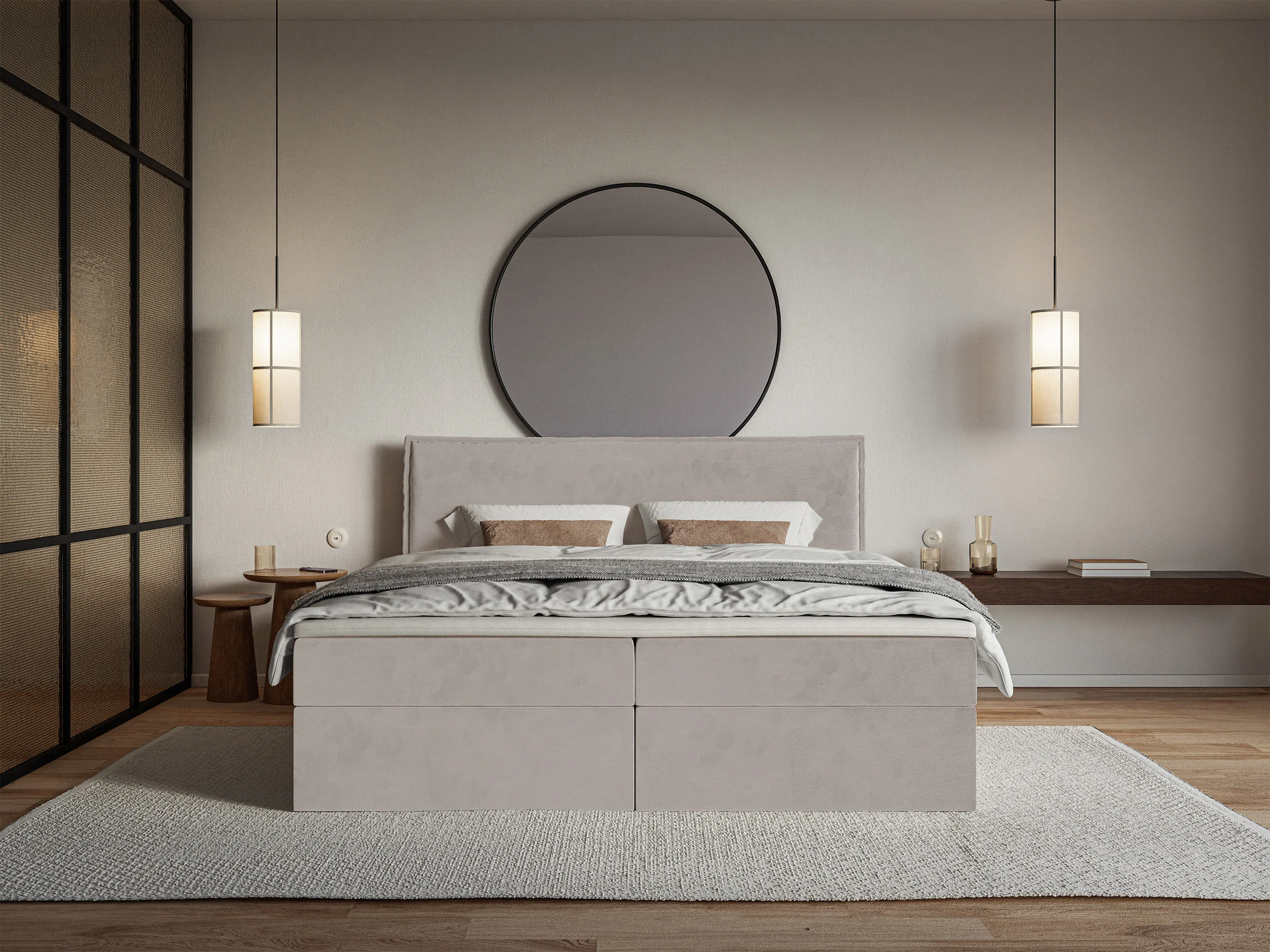 Łóżko kontynentalne 180x200 cm Softie z pojemnikami i topperem szarobrązowe welur hydrofobowy - Image 3