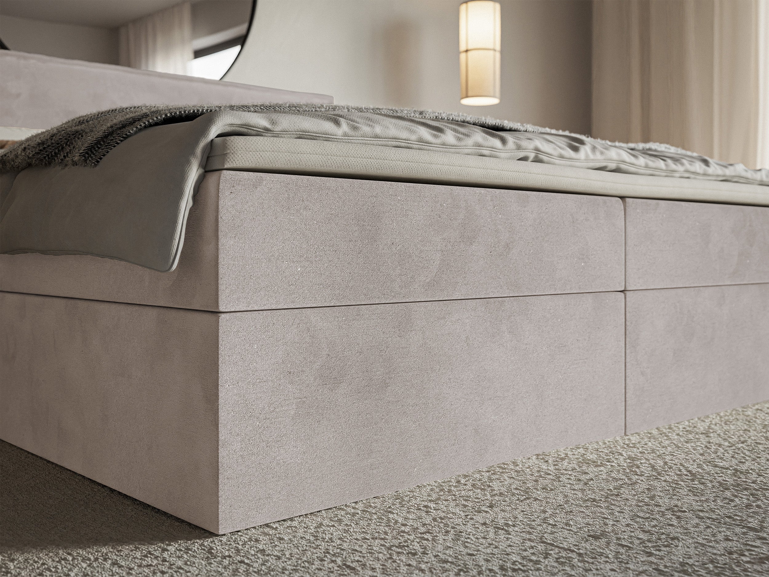 Łóżko kontynentalne 180x200 cm Softie z pojemnikami i topperem szarobrązowe welur hydrofobowy - Image 5