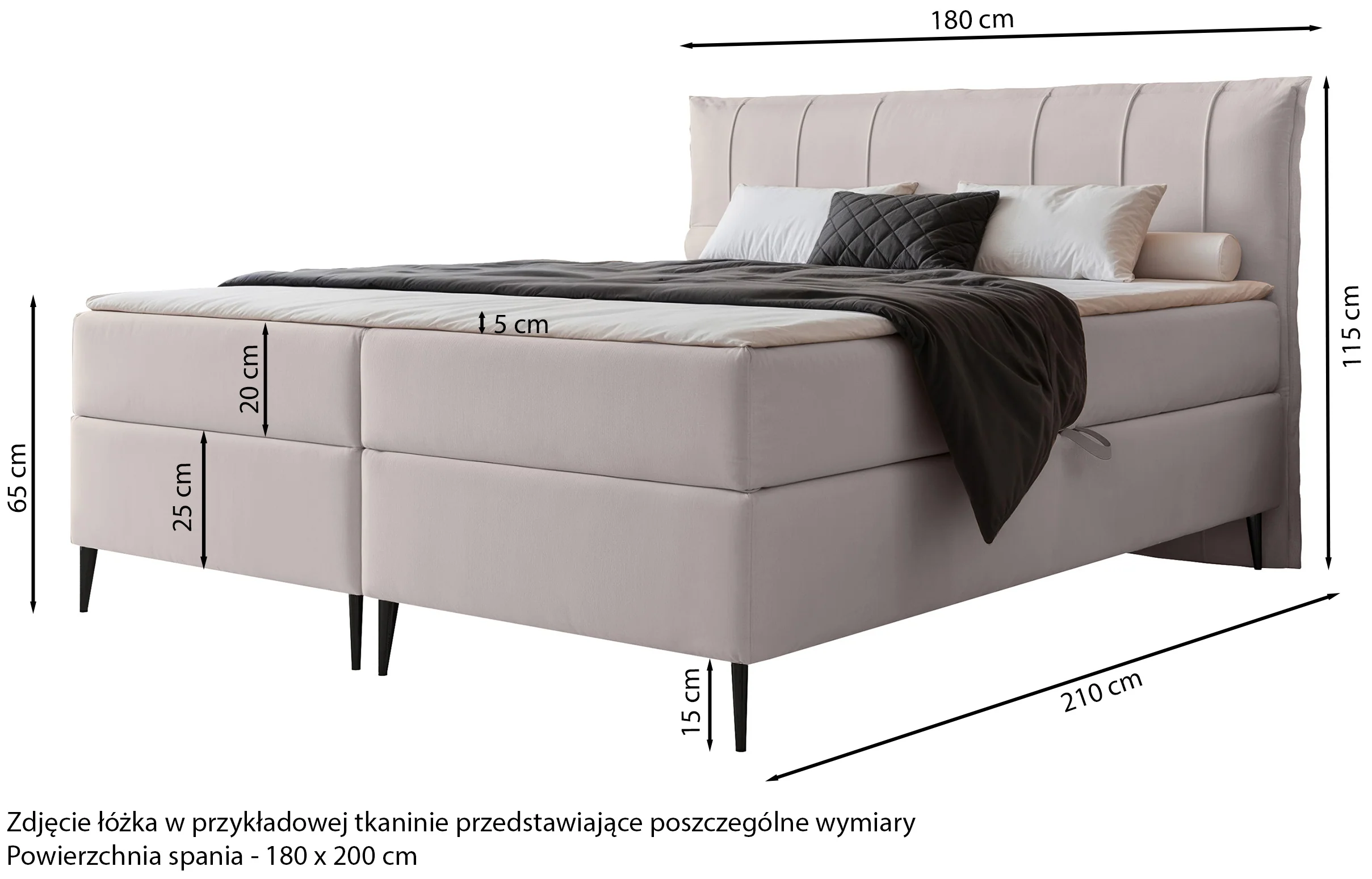 Łóżko kontynentalne 180x200 cm Suzi z materacem bonellowym i topperem eukaliptusowe welur hydrofobowy - Image 4