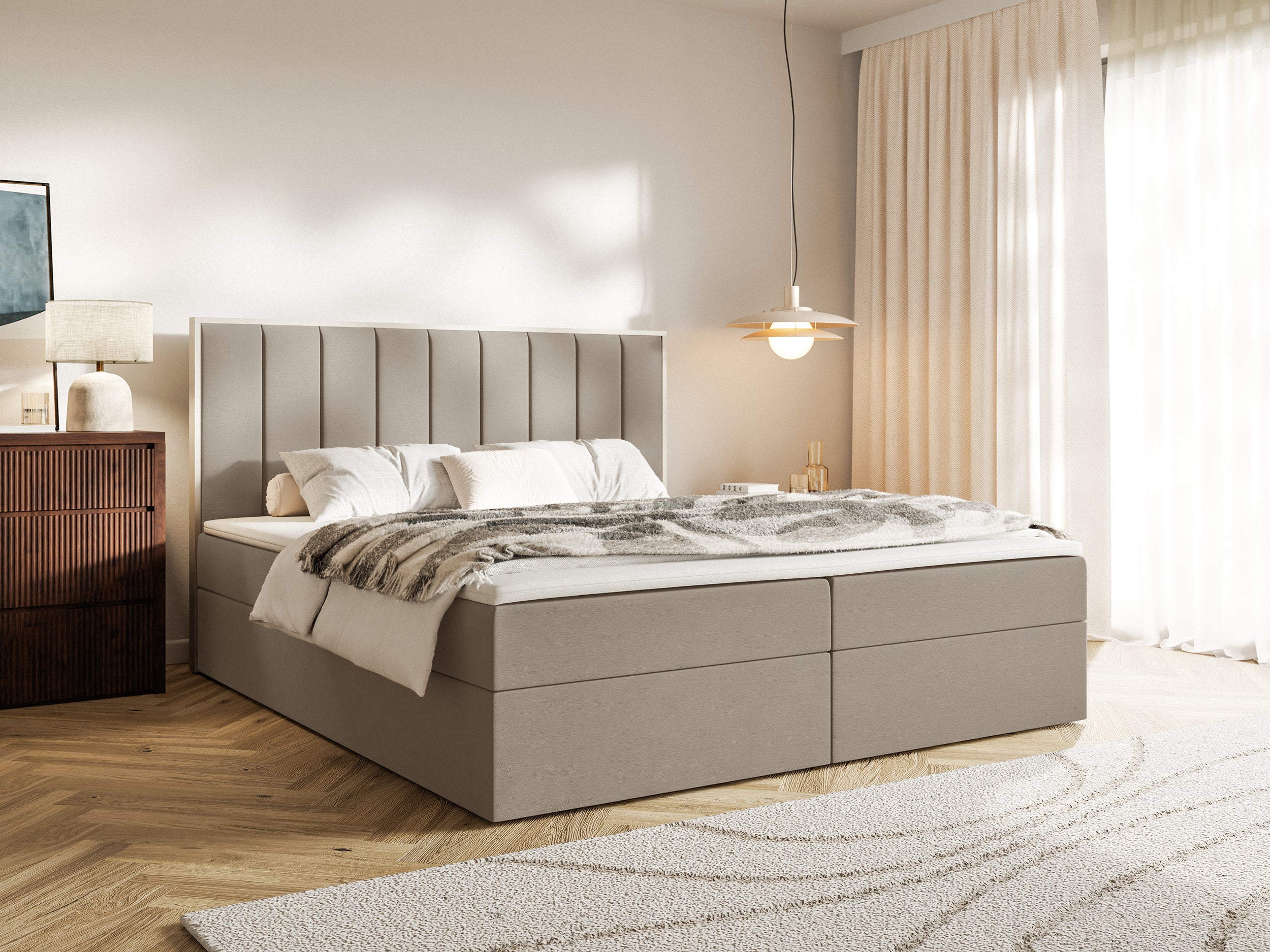 Łóżko kontynentalne 180x200 cm Togents z pojemnikami i topperem brązowe welur hydrofobowy - Image 2