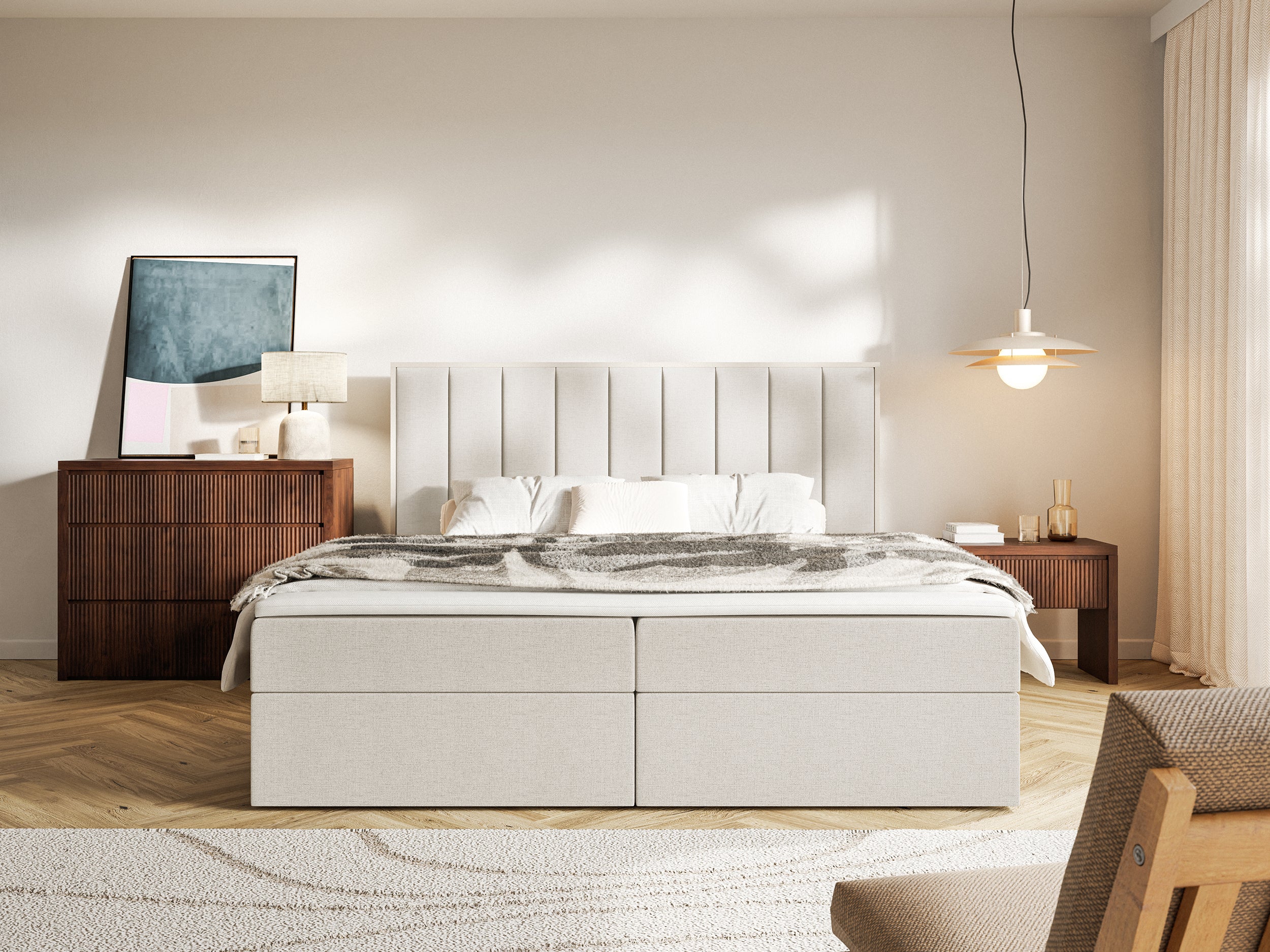 Łóżko kontynentalne 180x200 cm Togents z pojemnikami i topperem jasnobeżowe szenil hydrofobowy - Image 3