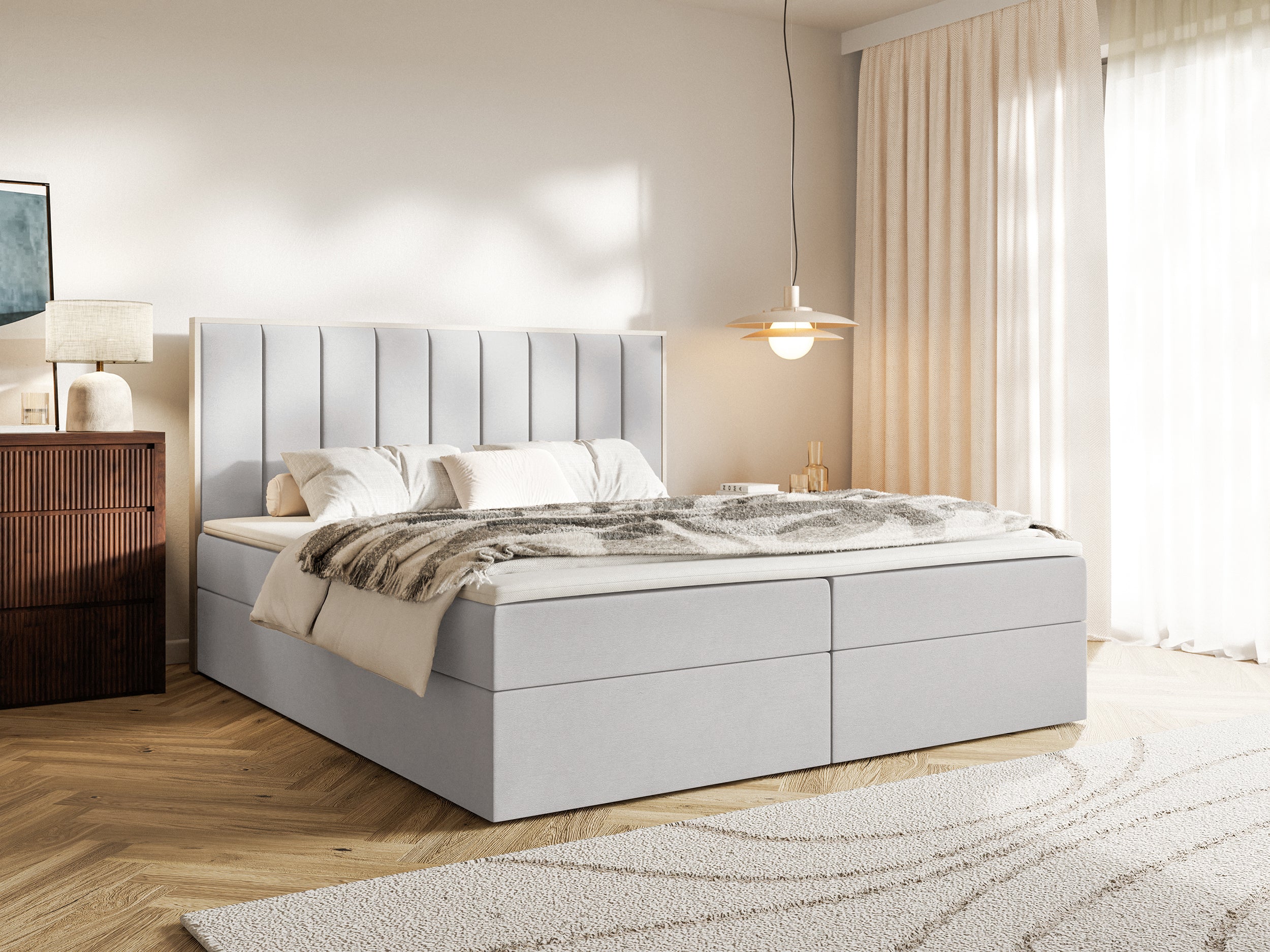 Łóżko kontynentalne 180x200 cm Togents z pojemnikami i topperem jasnoszare welur hydrofobowy - Image 2
