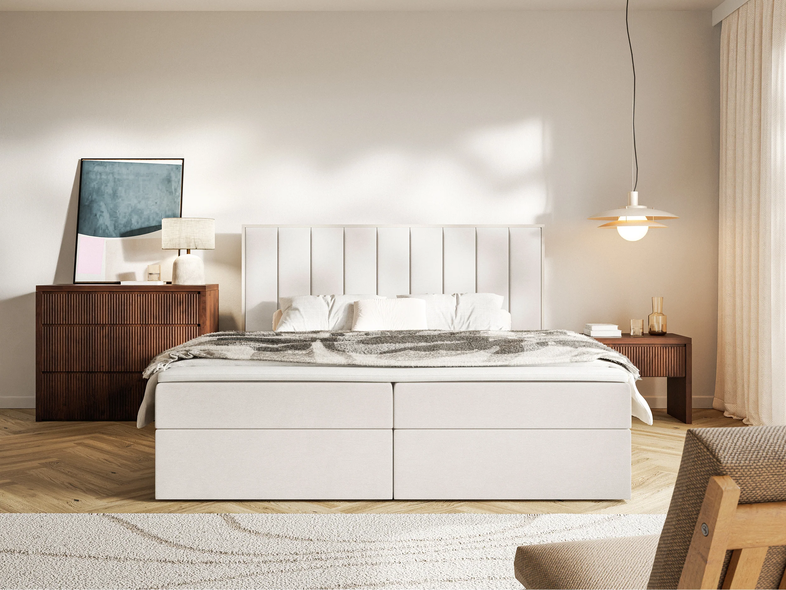 Łóżko kontynentalne 180x200 cm Togents z pojemnikami i topperem kremowe welur hydrofobowy - Image 3