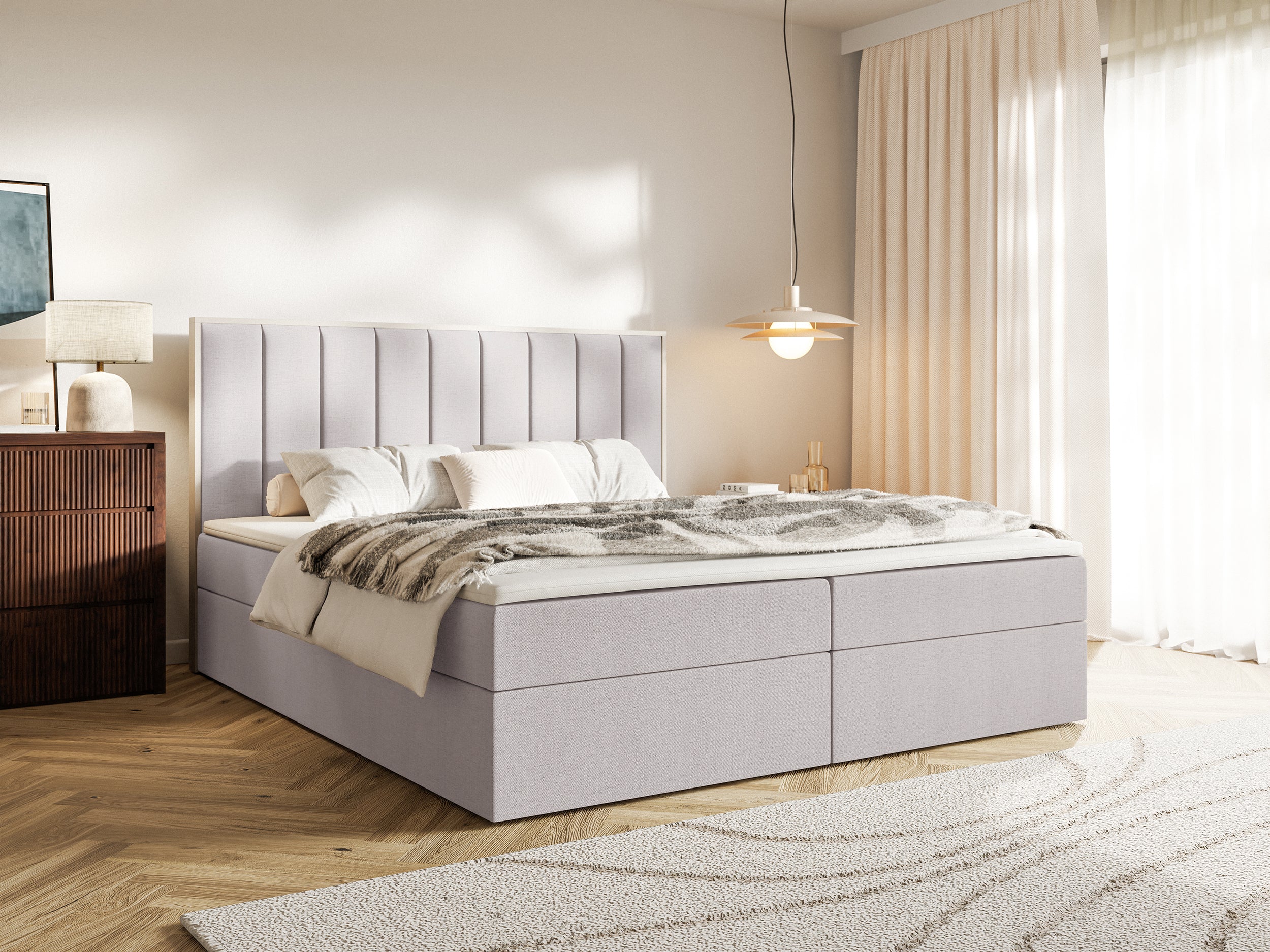Łóżko kontynentalne 180x200 cm Togents z pojemnikami i topperem szare szenil hydrofobowy - Image 2