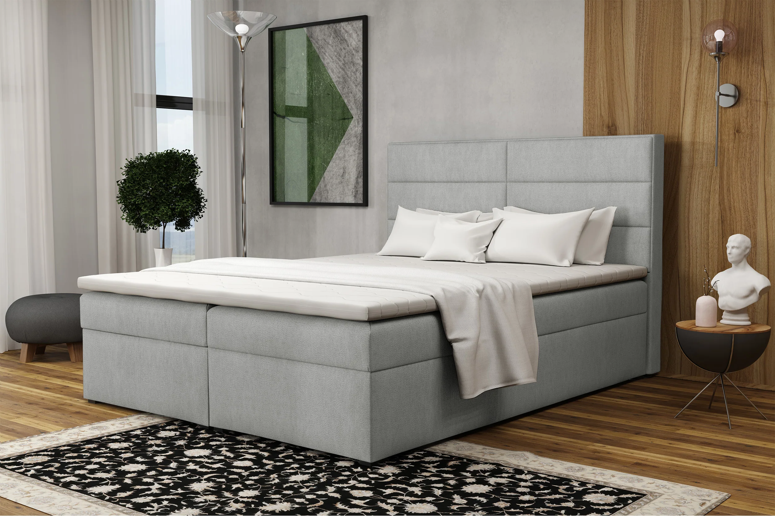 Łóżko kontynentalne 180x200 cm Valdamone z pojemnikami i topperem jasnoszare welur łatwoczyszczący - Image 2
