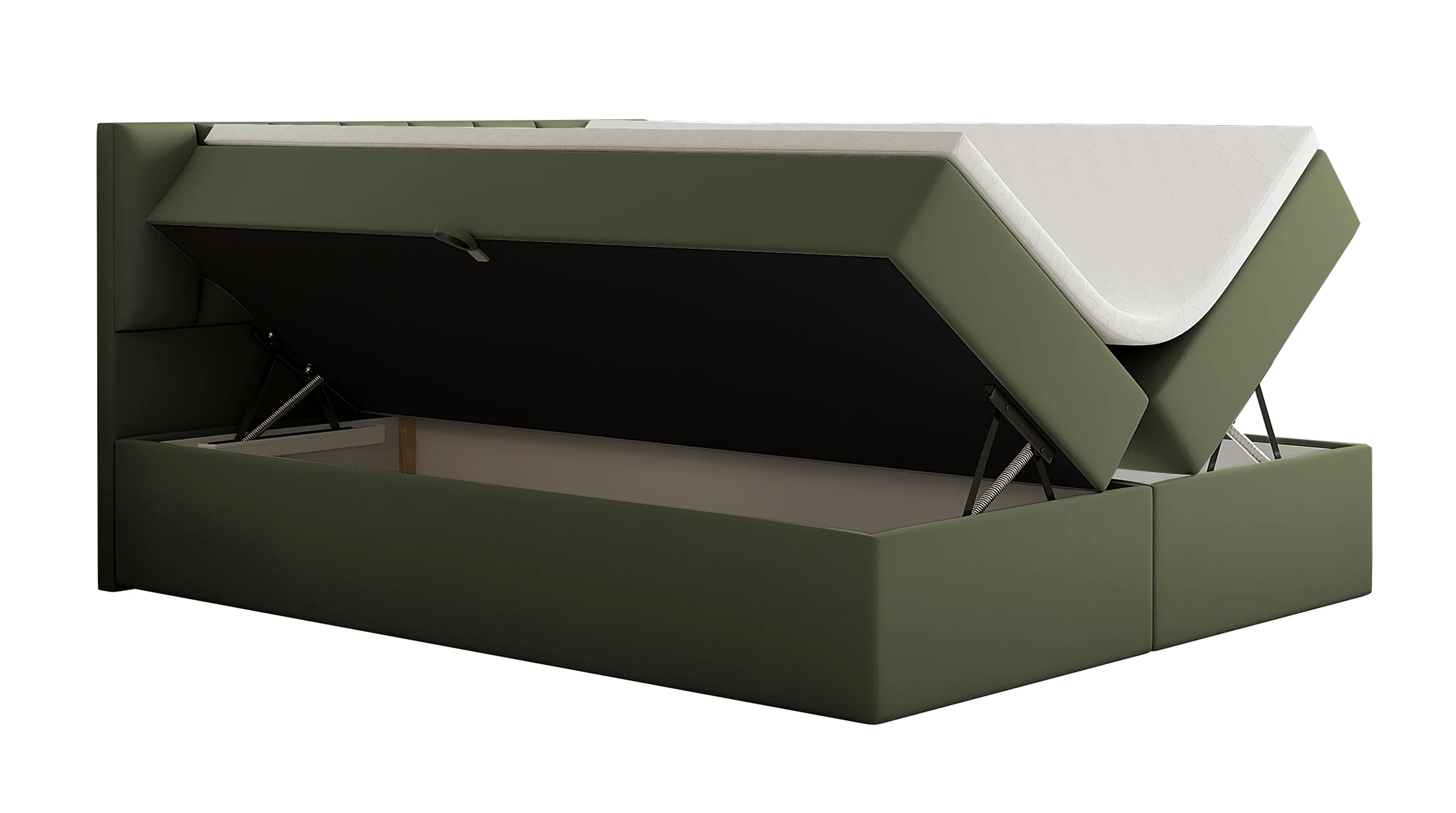 Łóżko kontynentalne 200x200 cm Carbini z pojemnikami i materacem bonellowym oliwkowe welur hydrofobowy - Image 3