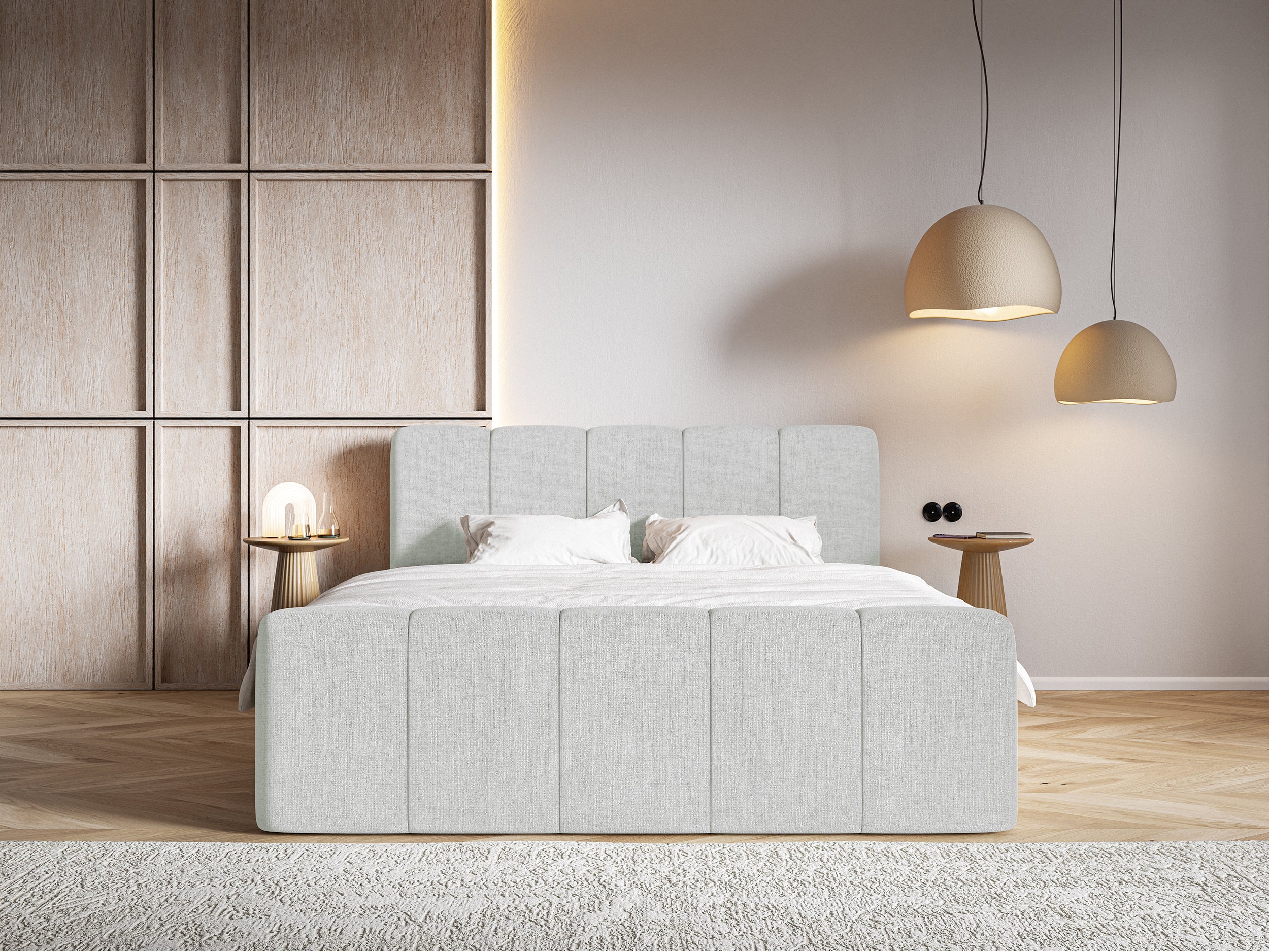 Łóżko kontynentalne 200x200 cm Cloudy II z pojemnikami i topperem jasnoszare szenil hydrofobowy - Image 3