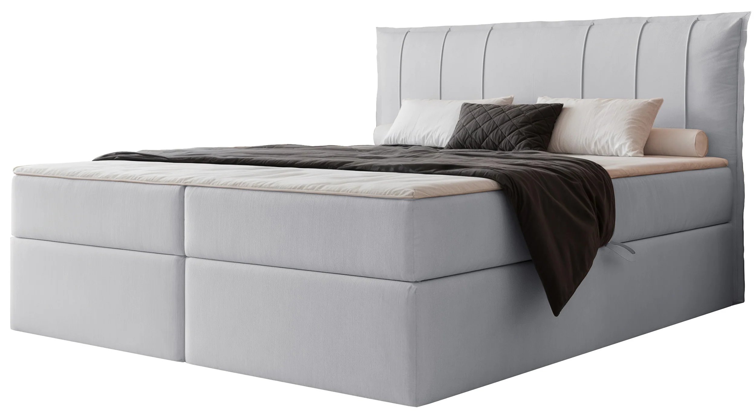 Łóżko kontynentalne 200x200 cm Moly z materacem bonellowym i topperem jasnoszare welur hydrofobowy