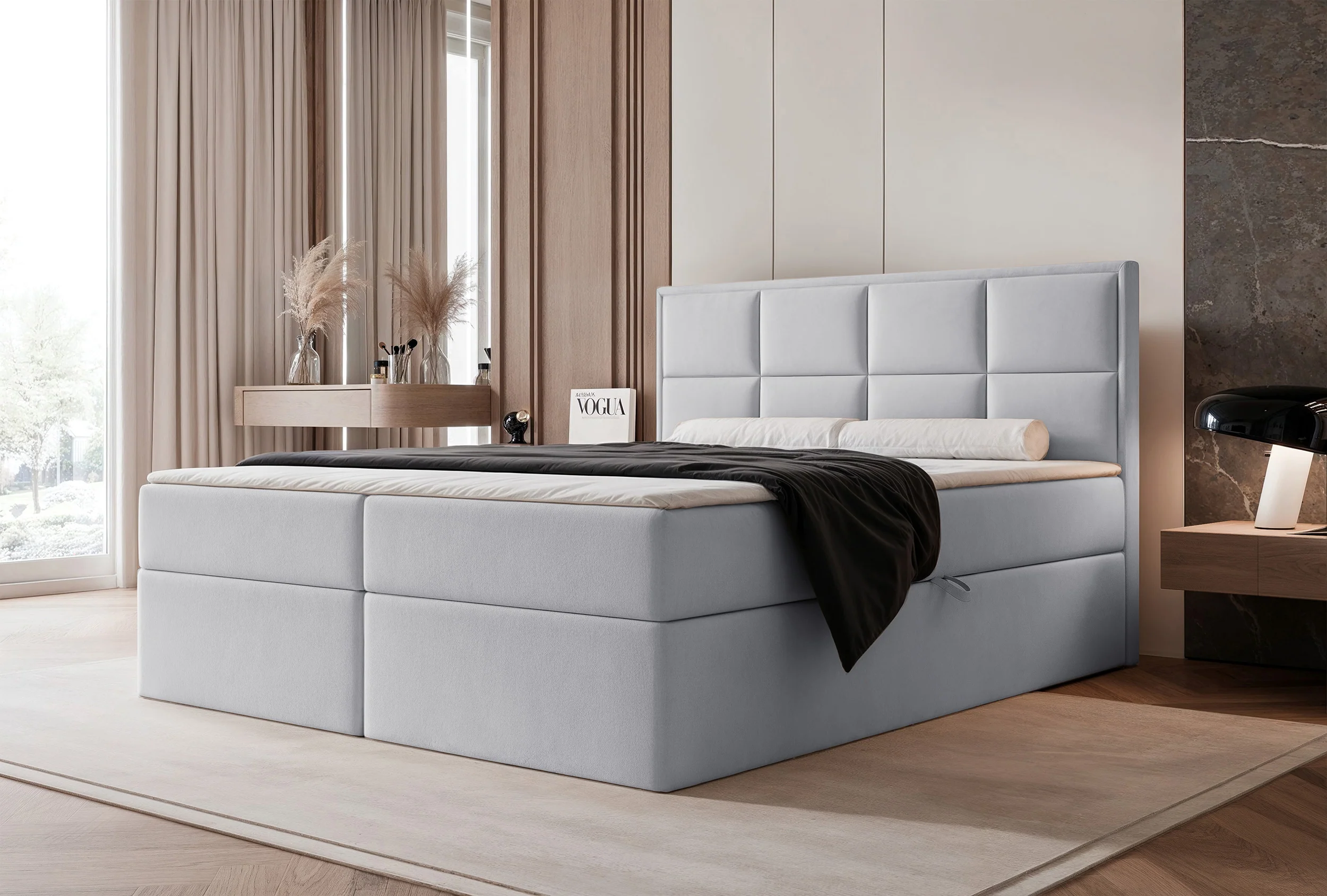 Łóżko kontynentalne 200x200 cm Silensio z materacem bonellowym i topperem jasnoszare welur hydrofobowy - Image 2