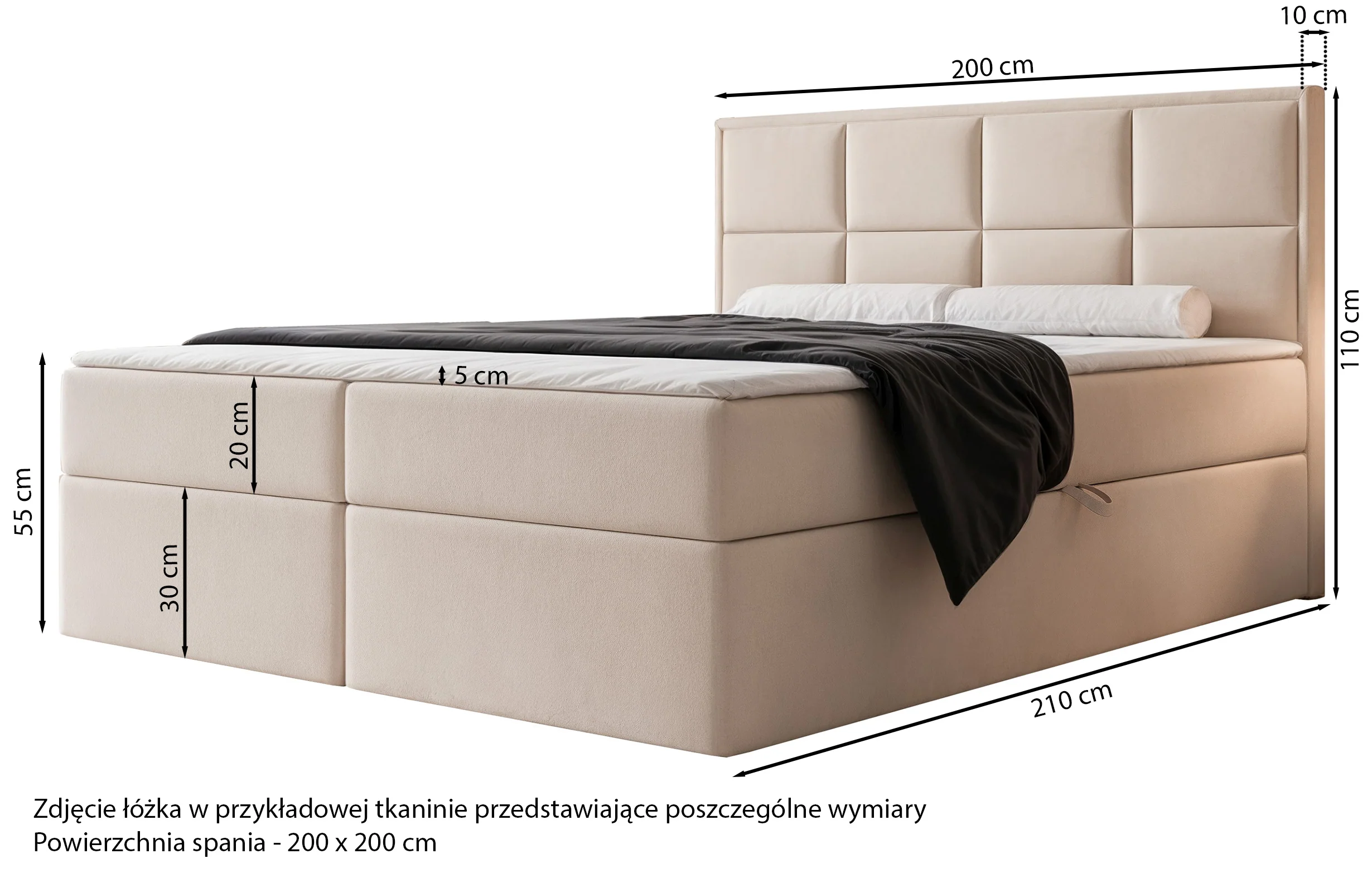 Łóżko kontynentalne 200x200 cm Silensio z materacem bonellowym i topperem szare welur hydrofobowy - Image 4