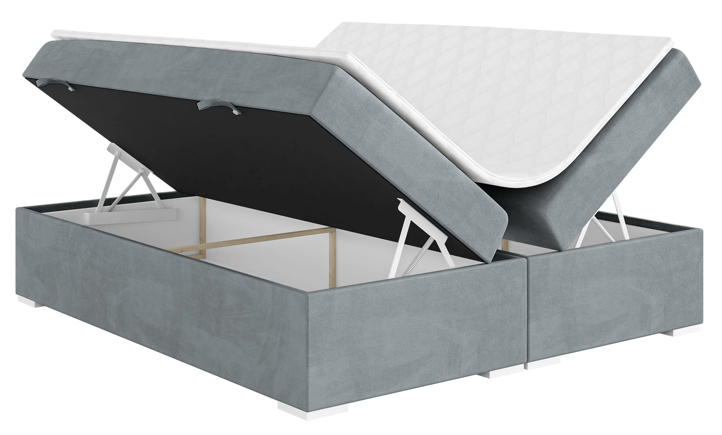 Łóżko kontynentalne Baseo wysokie 180x200 cm bez wezgłowia z pojemnikami i topperem jasnoszare welur hydrofobowy - Image 3