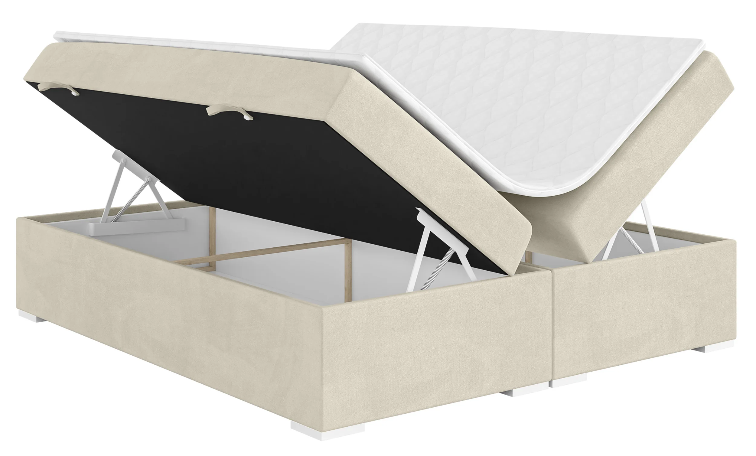 Łóżko kontynentalne Baseo wysokie 180x200 cm bez wezgłowia z pojemnikami i topperem kremowe welur hydrofobowy - Image 3
