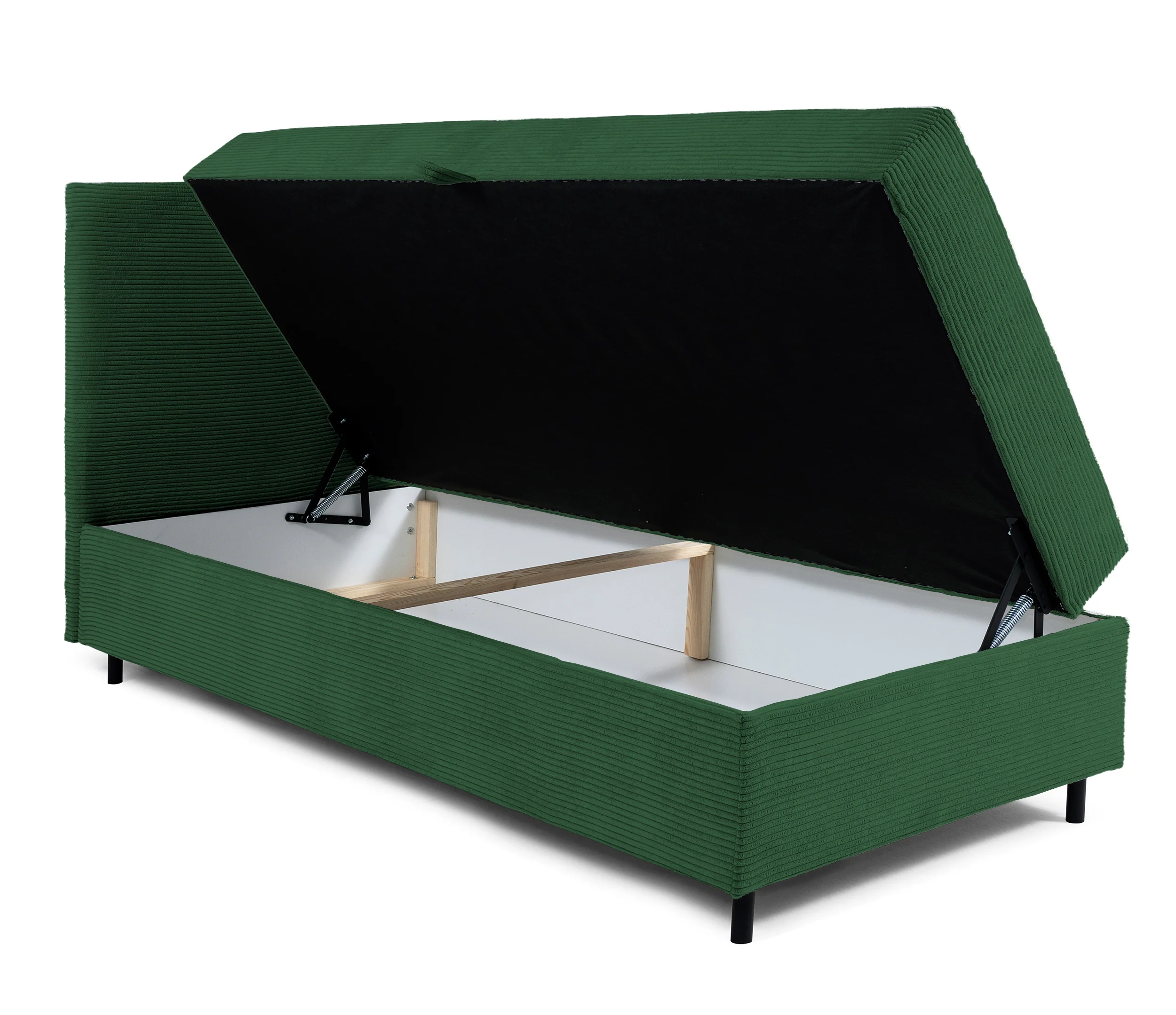 Łóżko kontynentalne jednosobowe Montigo Mini 100x200 cm z pojemnikiem, topperem i poduszką ciemnozielone sztruks nogi czarne lewostronne - Image 4