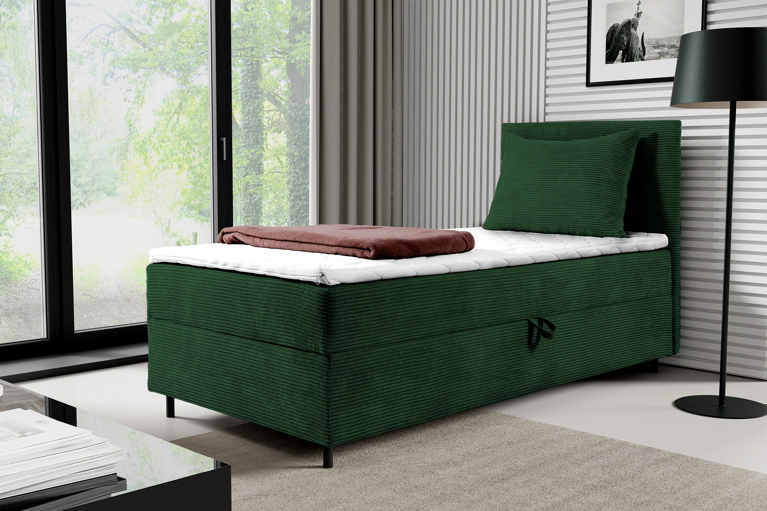 Łóżko kontynentalne jednosobowe Montigo Mini 100x200 cm z pojemnikiem, topperem i poduszką ciemnozielone sztruks nogi czarne prawostronne - Image 2