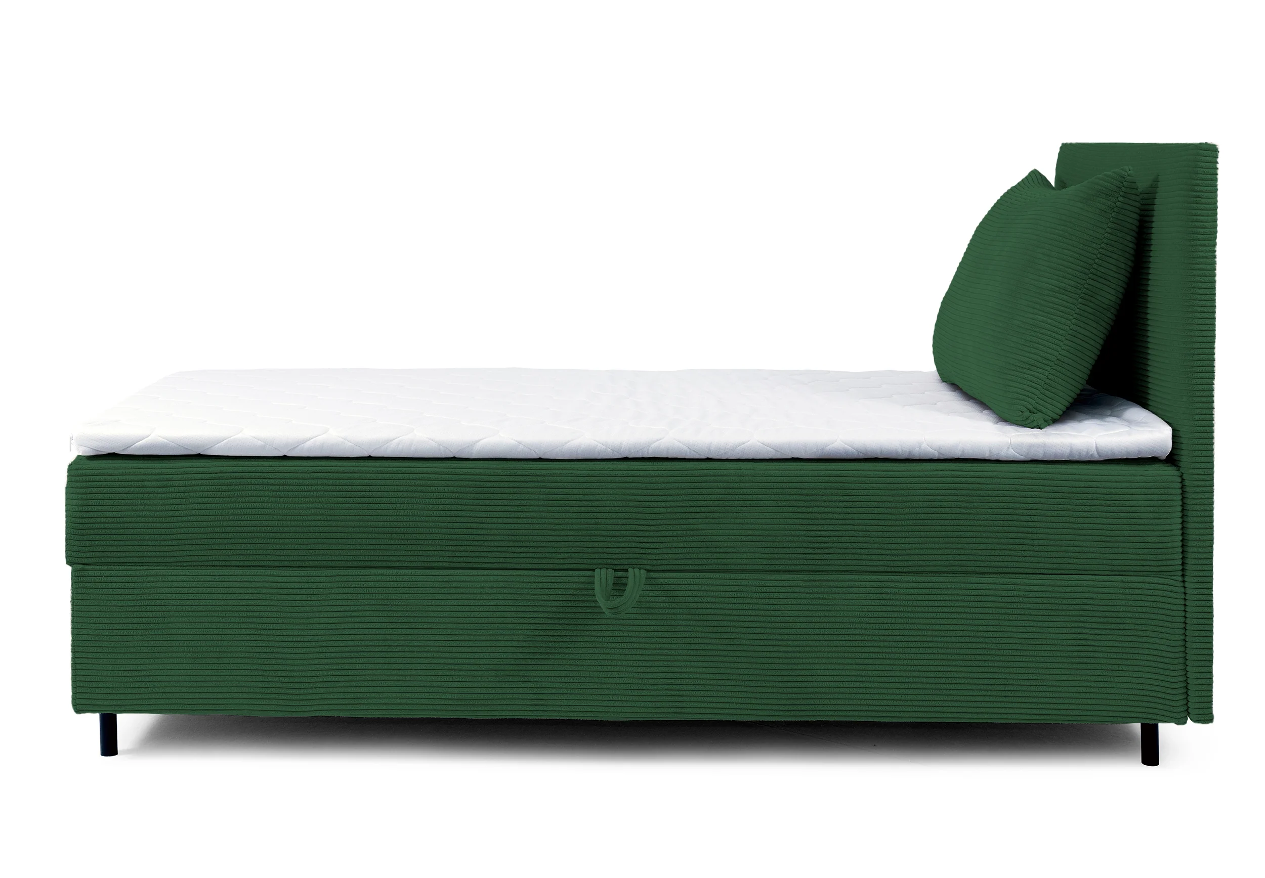 Łóżko kontynentalne jednosobowe Montigo Mini 100x200 cm z pojemnikiem, topperem i poduszką ciemnozielone sztruks nogi czarne prawostronne - Image 3
