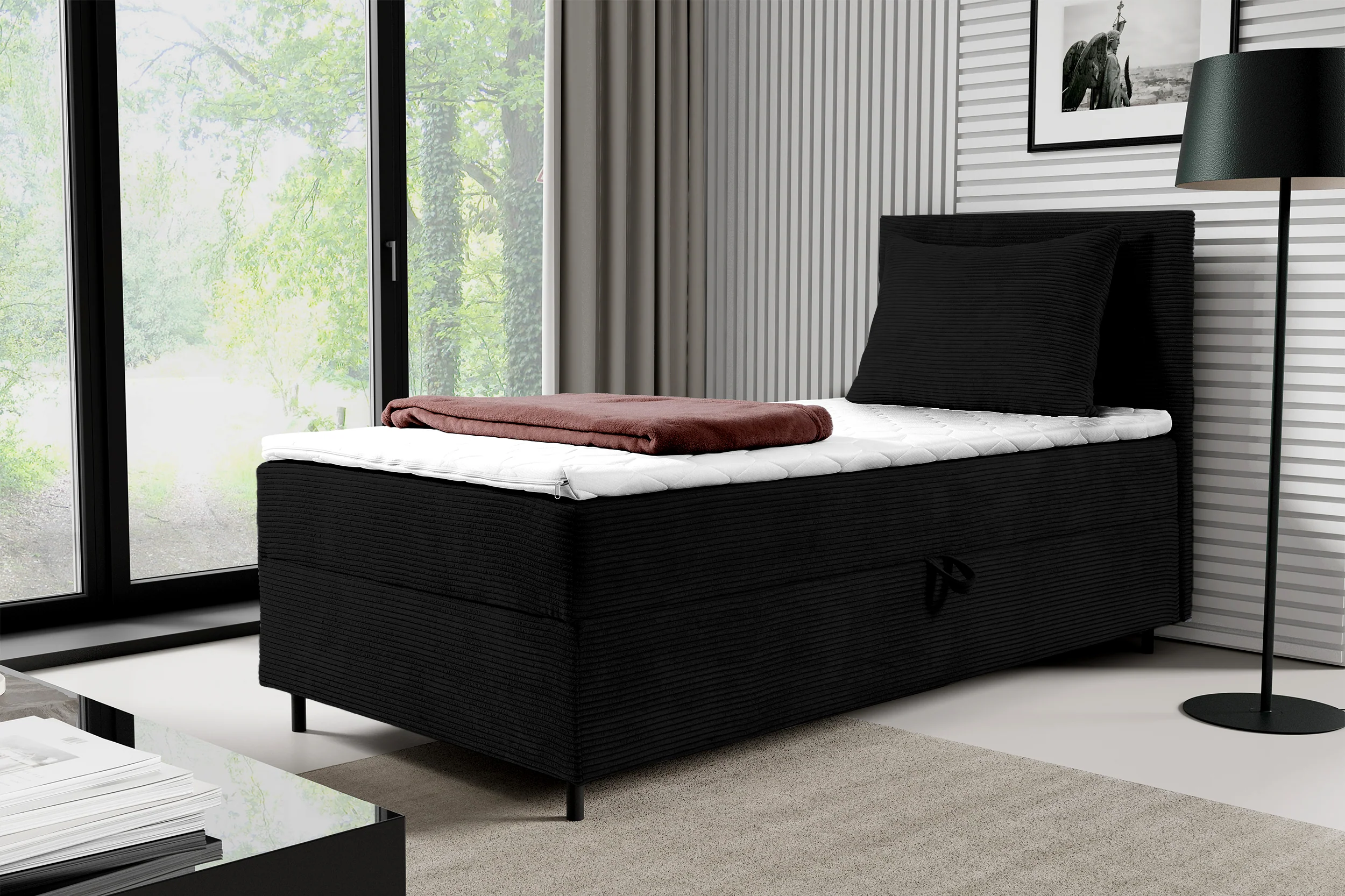 Łóżko kontynentalne jednosobowe Montigo Mini 100x200 cm z pojemnikiem, topperem i poduszką czarne sztruks nogi czarne prawostronne - Image 2
