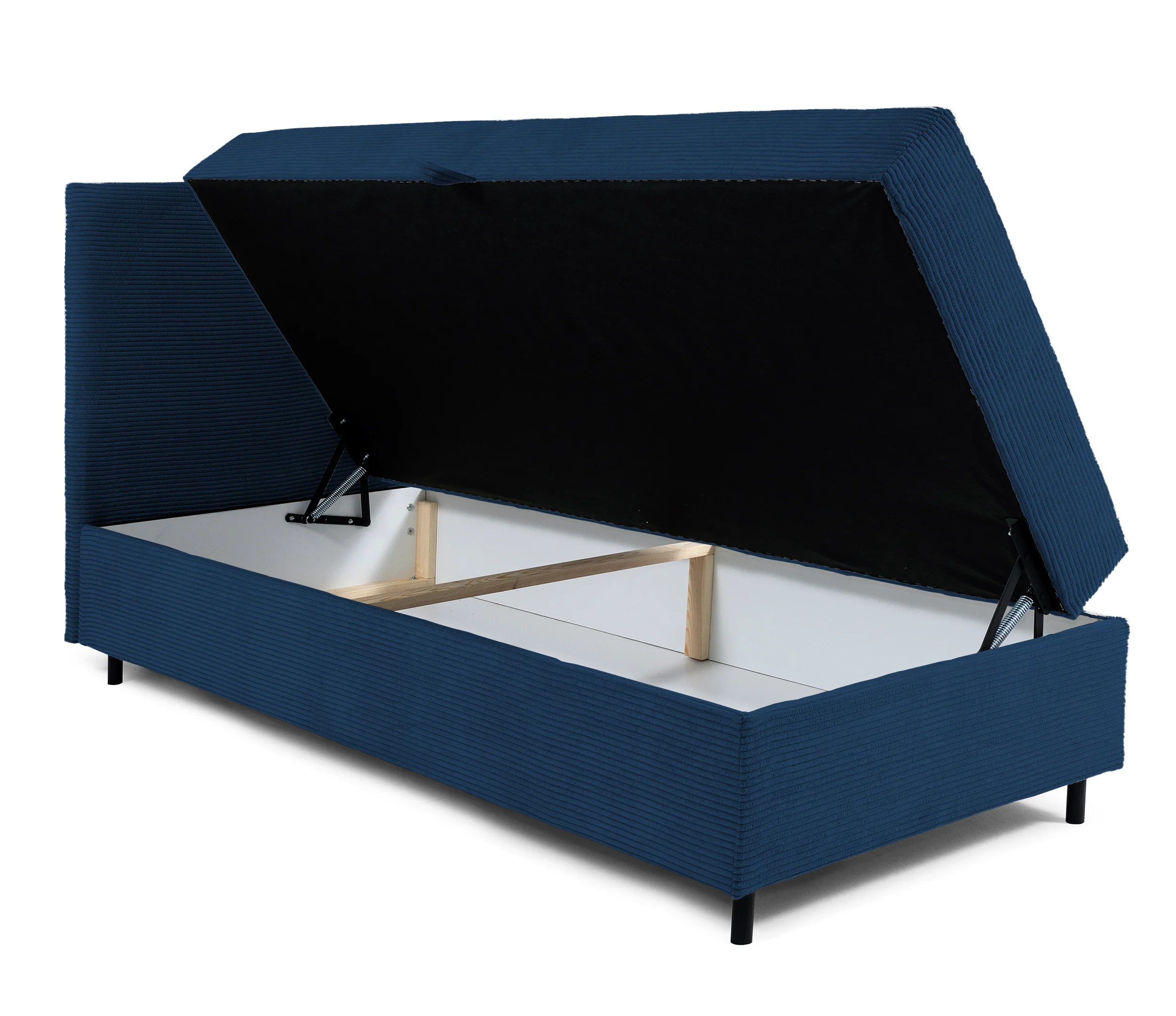 Łóżko kontynentalne jednosobowe Montigo Mini 100x200 cm z pojemnikiem, topperem i poduszką granatowe sztruks nogi czarne lewostronne - Image 4