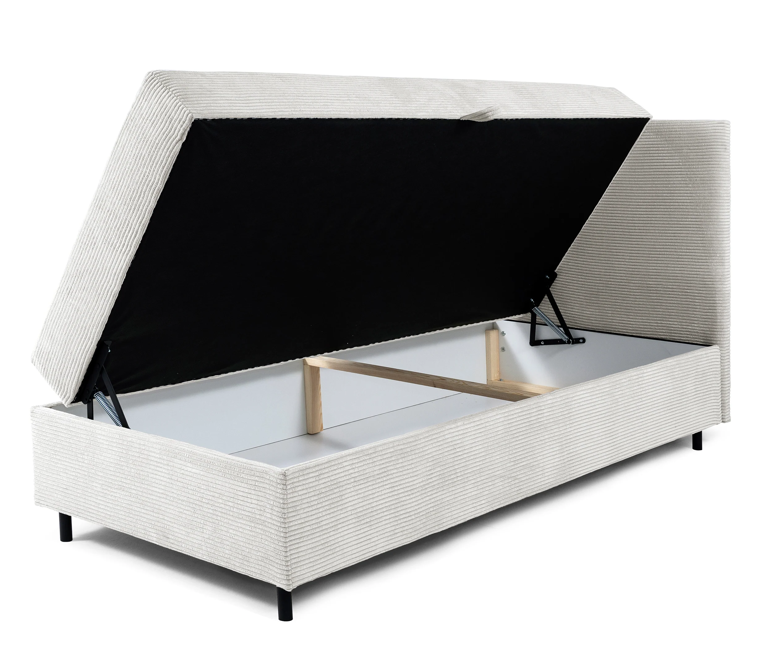 Łóżko kontynentalne jednosobowe Montigo Mini 100x200 cm z pojemnikiem, topperem i poduszką kremowe sztruks nogi czarne prawostronne - Image 4