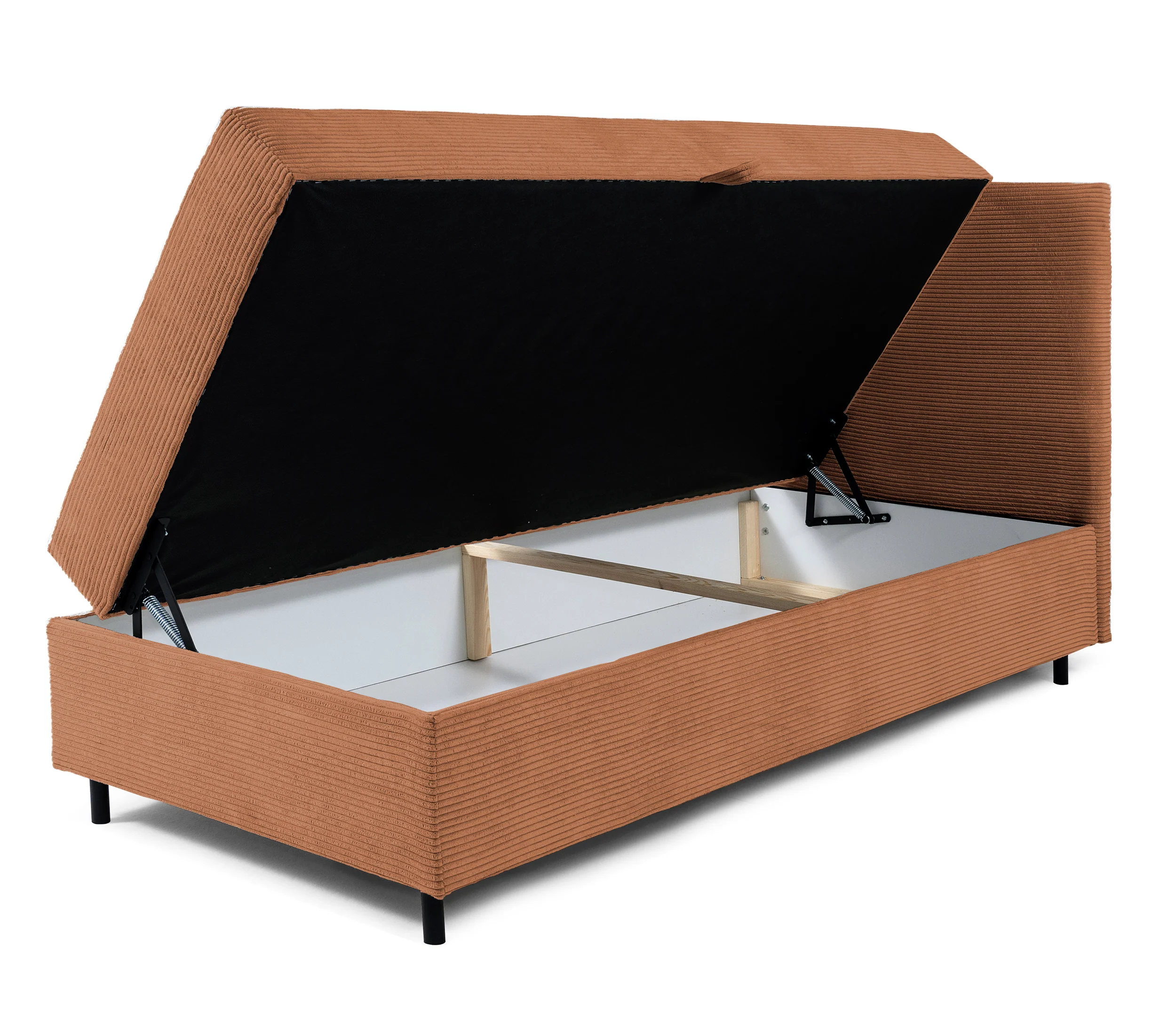 Łóżko kontynentalne jednosobowe Montigo Mini 100x200 cm z pojemnikiem, topperem i poduszką miedziane sztruks nogi czarne prawostronne - Image 4